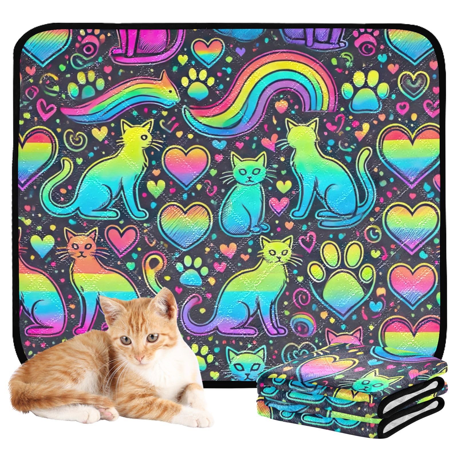 TSENQUE Pee Pads Washable Reusable Pet Cat Pad Neon Cat Rainbow Absorbent Whelping Pads Waterproof Floor Mat Non Slip, Medium + Large, Set of 2