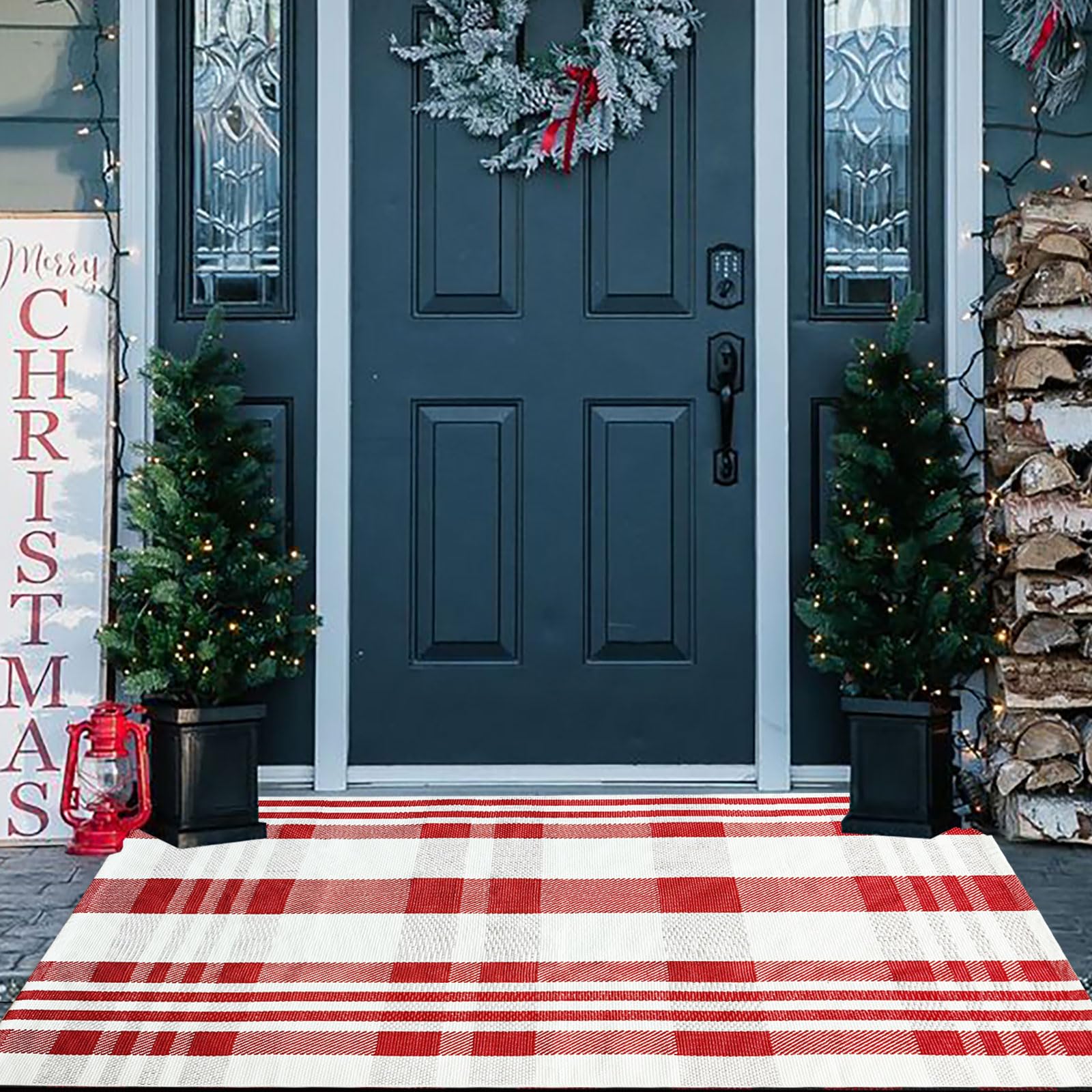 Amazon.com: Christmas Plaid Outdoor Rug, 3' x 5' Red&White Check Indoor ...