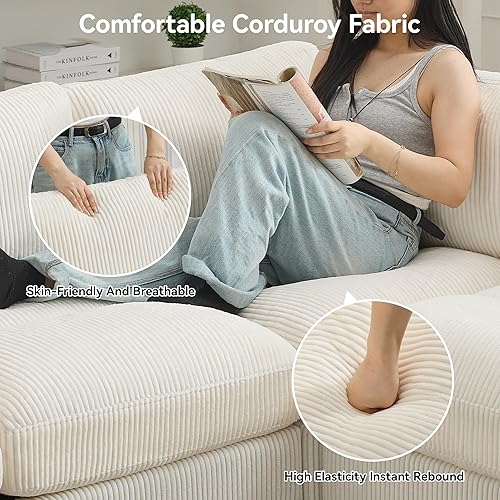 Miniatura 4 de Sofá nube seccional en forma de V de 114 pulgadas con otomana, sofás modulares de 7 plazas para sala de estar, sofá de pana de gran tamaño con