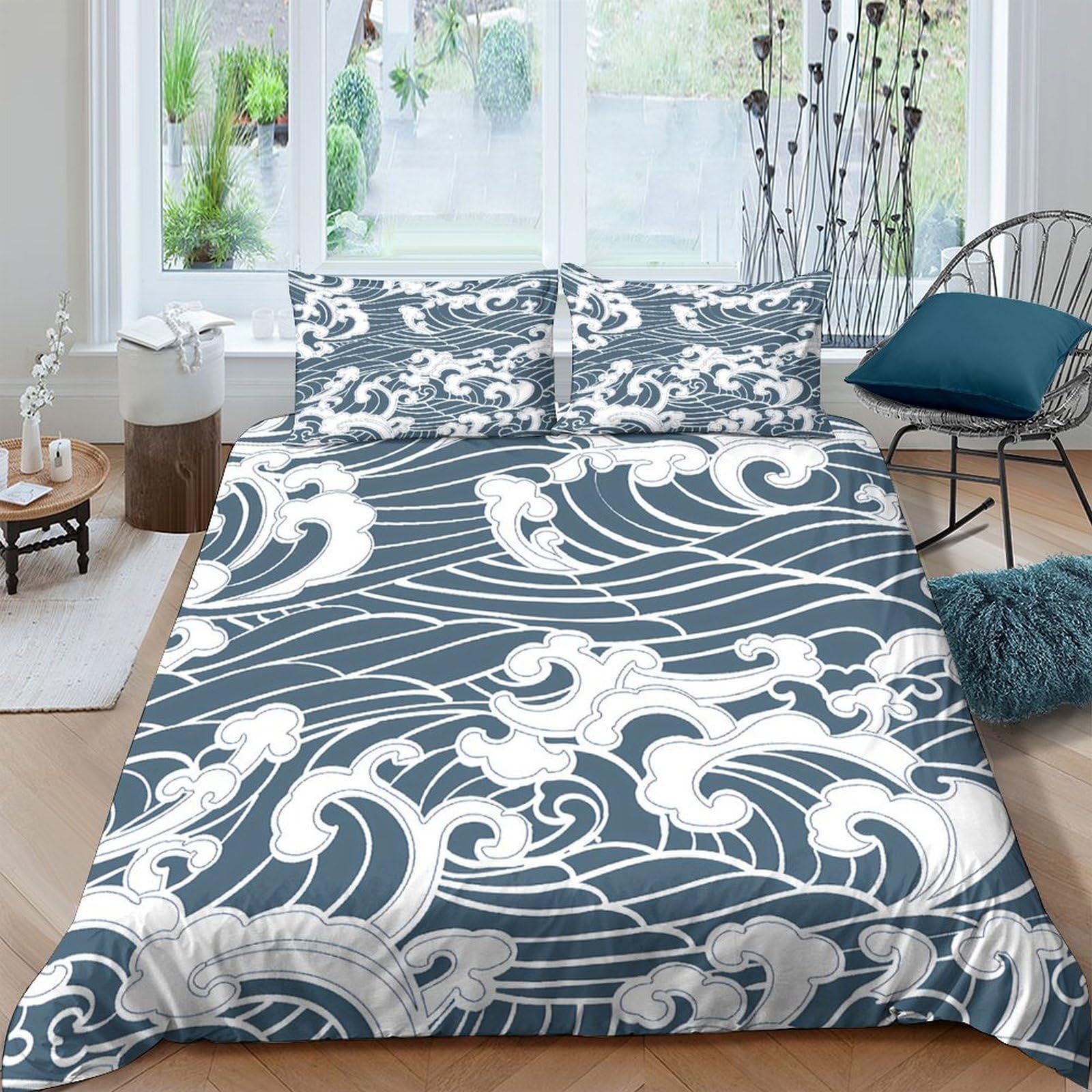 Ctjqhvkz Style-8 3D Printed Japanese Wave Fitted Sheet Microfiber Soft Blue Ocean Mattress Cover For Bedroom Decor Dorm Room Protection Single（135X200cm）