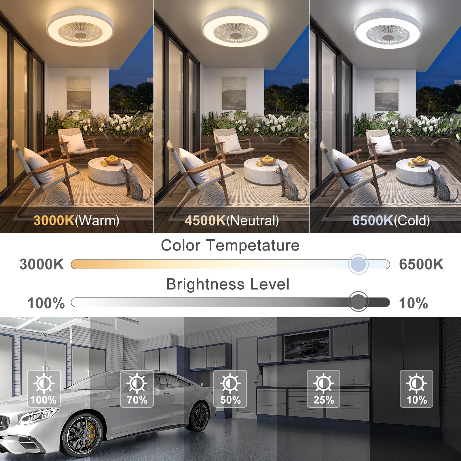 Ateroll Ventilatore da Soffitto con Luce, Motore DC 25W LED 45W, RGB (3000K-6500K), 3000LM, 6 Velocità del Vento Regolabili con Telecomando, Timer, Memoria Luce, 7 Pale del Ventilatore Reversibili