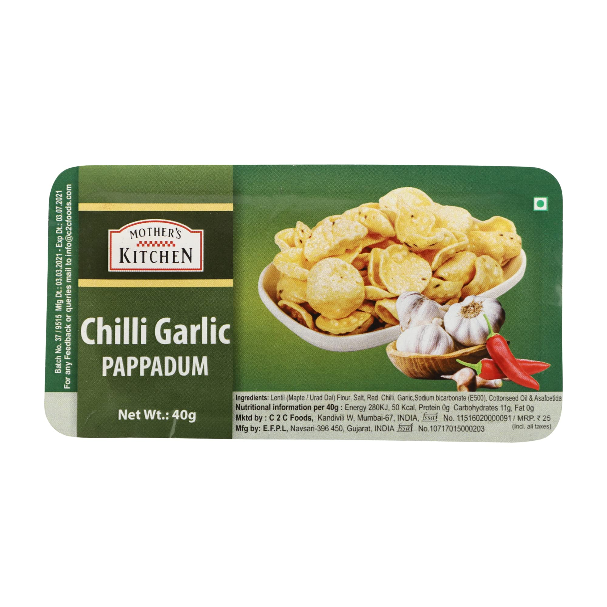 Mothers Kitchen Mini Chilly Garlic Small Papadam Appalam Pappadum Papadam Appalam Pappad Blister Pack, 40 g