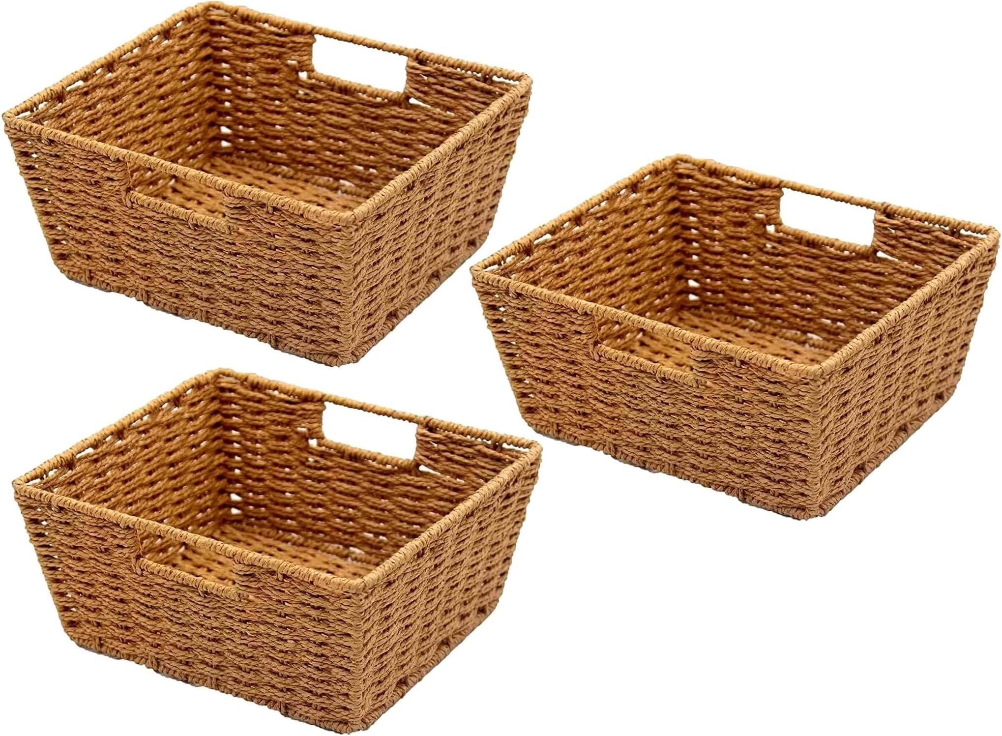 KOVOT Woven Wicker Storage Baskets with Built-in Carry Handles - 9.75"L x 8.5"W x 4.5"H (3-Pack)