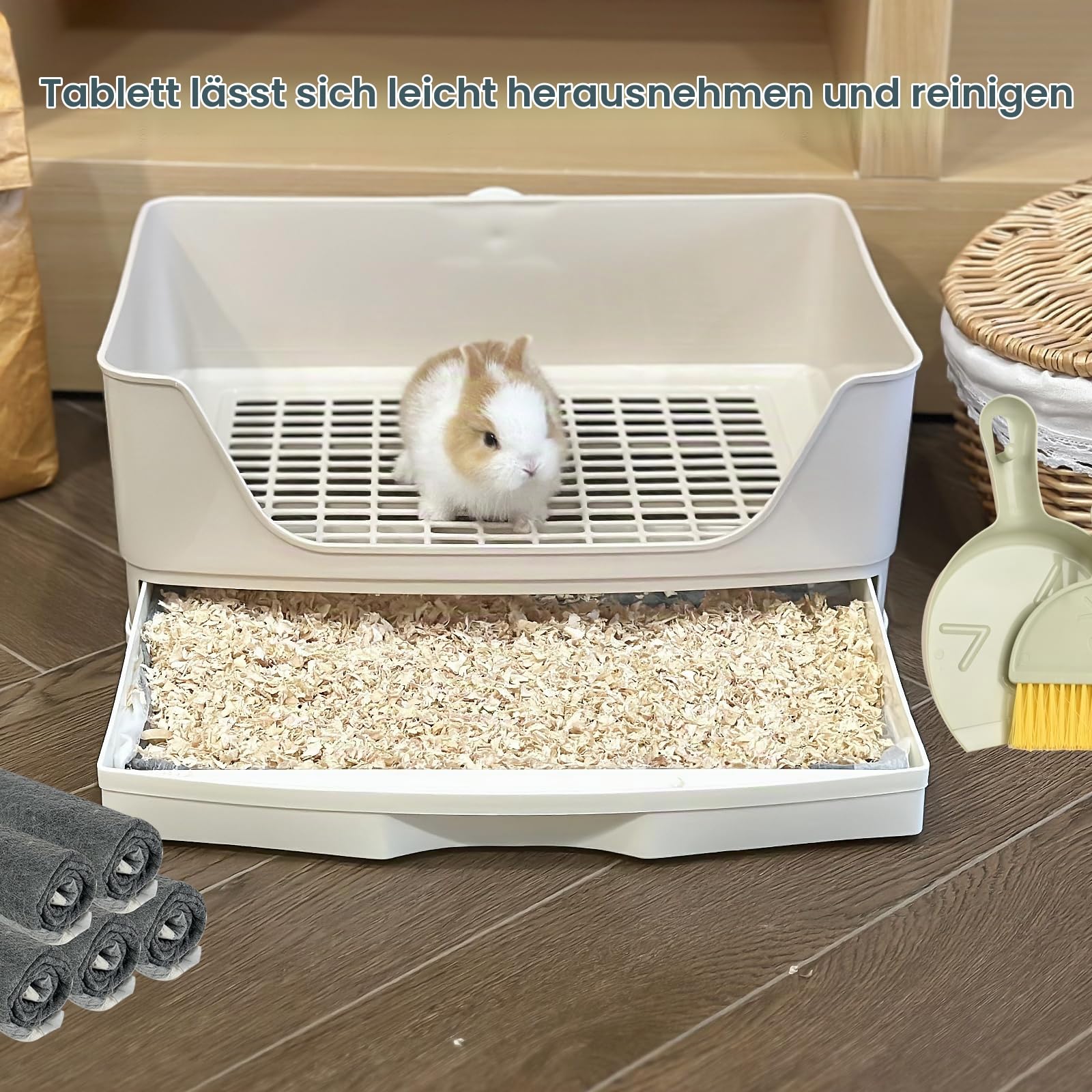 RUBYHOME Übergroße Kaninchentoilette mit Schublade, Ecktoilette mit Gitterrost, Töpfchentrainer, größere Haustierpfanne für ausgewachsene Meerschweinchen, kleine Tiere, 42.9 cm lang (weiß)