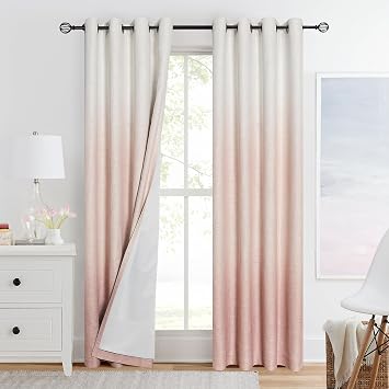 Ombre Full Blackout Window Curtain Panels Thermal Insulated Noise Reduction Rustic Farmhouse Bedroom Drapes Heavy Linen Texture Window Treatment Set Gradient Print Cream White to Pink, 50"x63"x2
