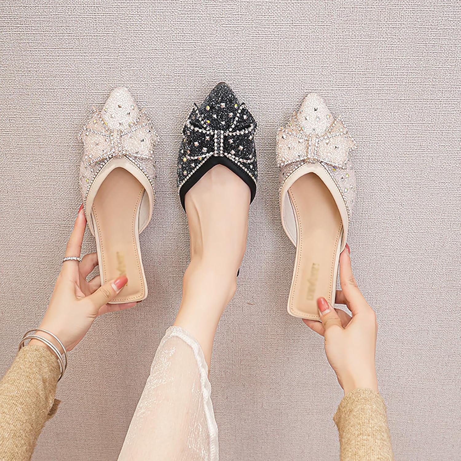 Women's Rhinestone Bow Flat Mules,Fashion Sequins Bow-Knot Closed Pointed Toe Backless Comfortable Slip-On Beef Tendon Soft Sole Slides Wedding Party Mule Shoes - Image 7