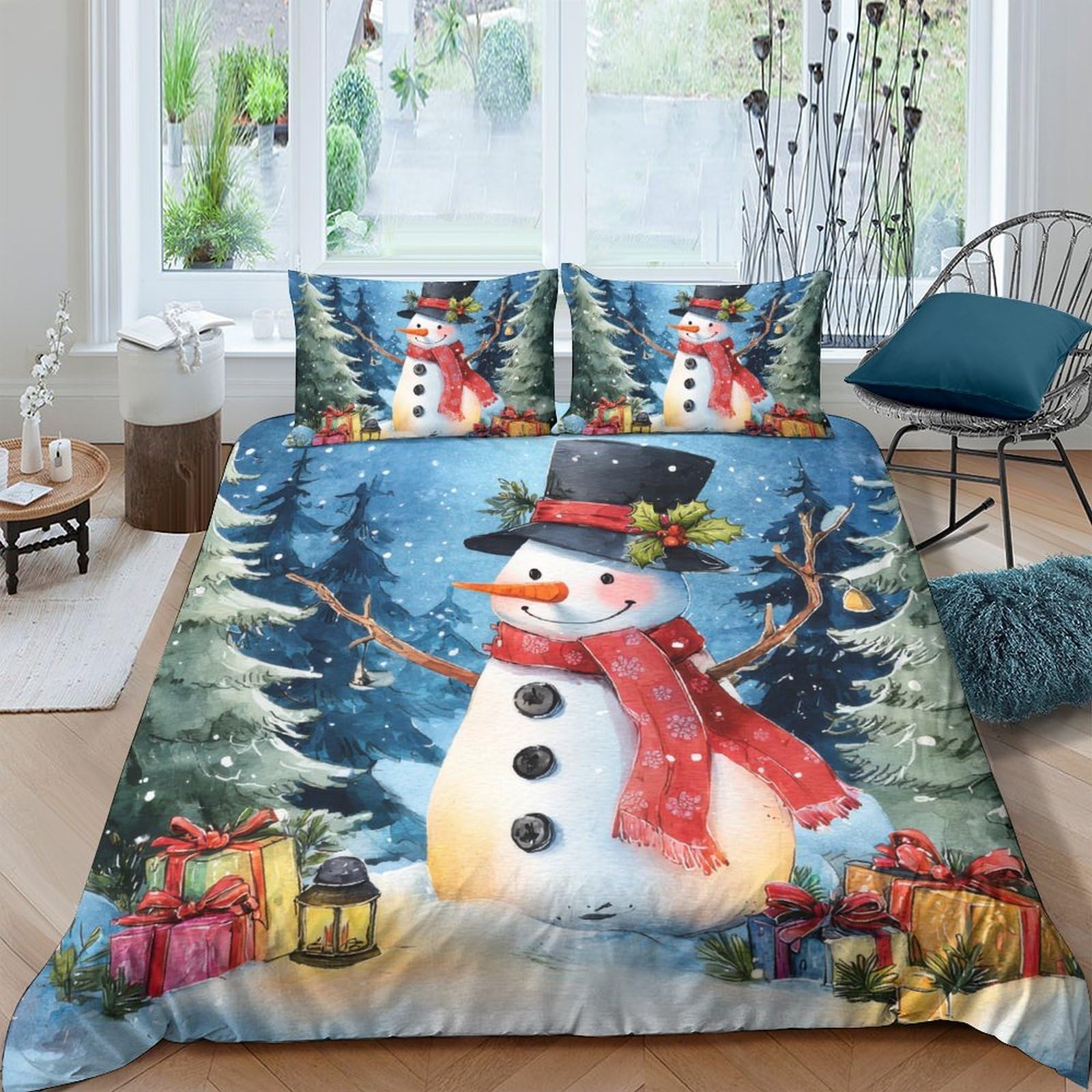 Ctjqhvkz Style-5 3D Printed Snowman Fitted Sheet Microfiber Winter Forest Bed Cover Bedroom Decor For Home Dorm Single（135X200cm）