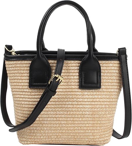 Bolso cruzado tejido de paja pequeña para mujer, bolso con asa superior, bolsa de cubo con cremallera