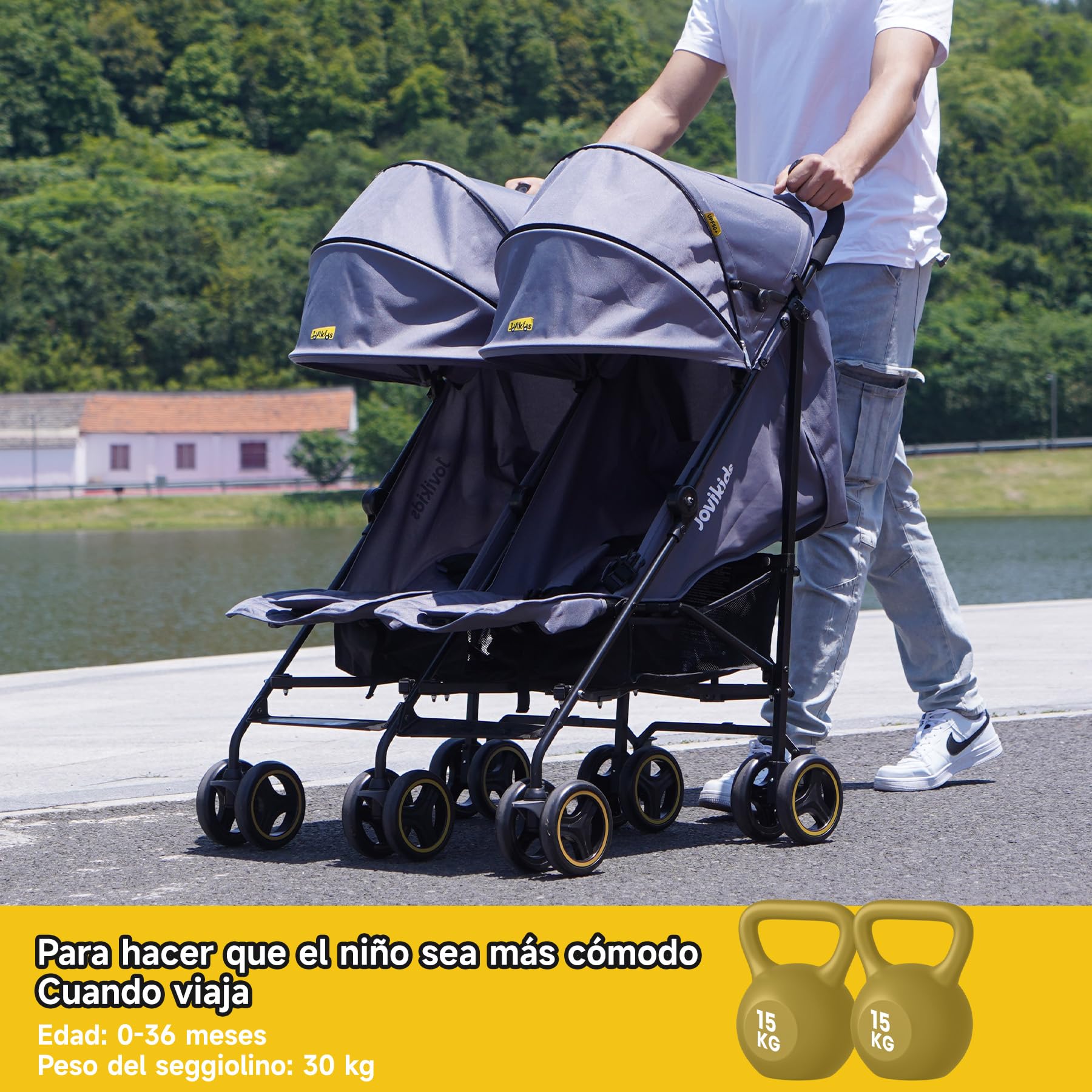 Jovikids Passeggino Gemellare Leggero per Bambini 0-36 Mesi, Doppio Passeggino per Gemelli/Fratelli fino a 15 kg, Cappottina Estesa, 5 Punti di Sicurezza, 2 Grandi Cestini (Grigio)