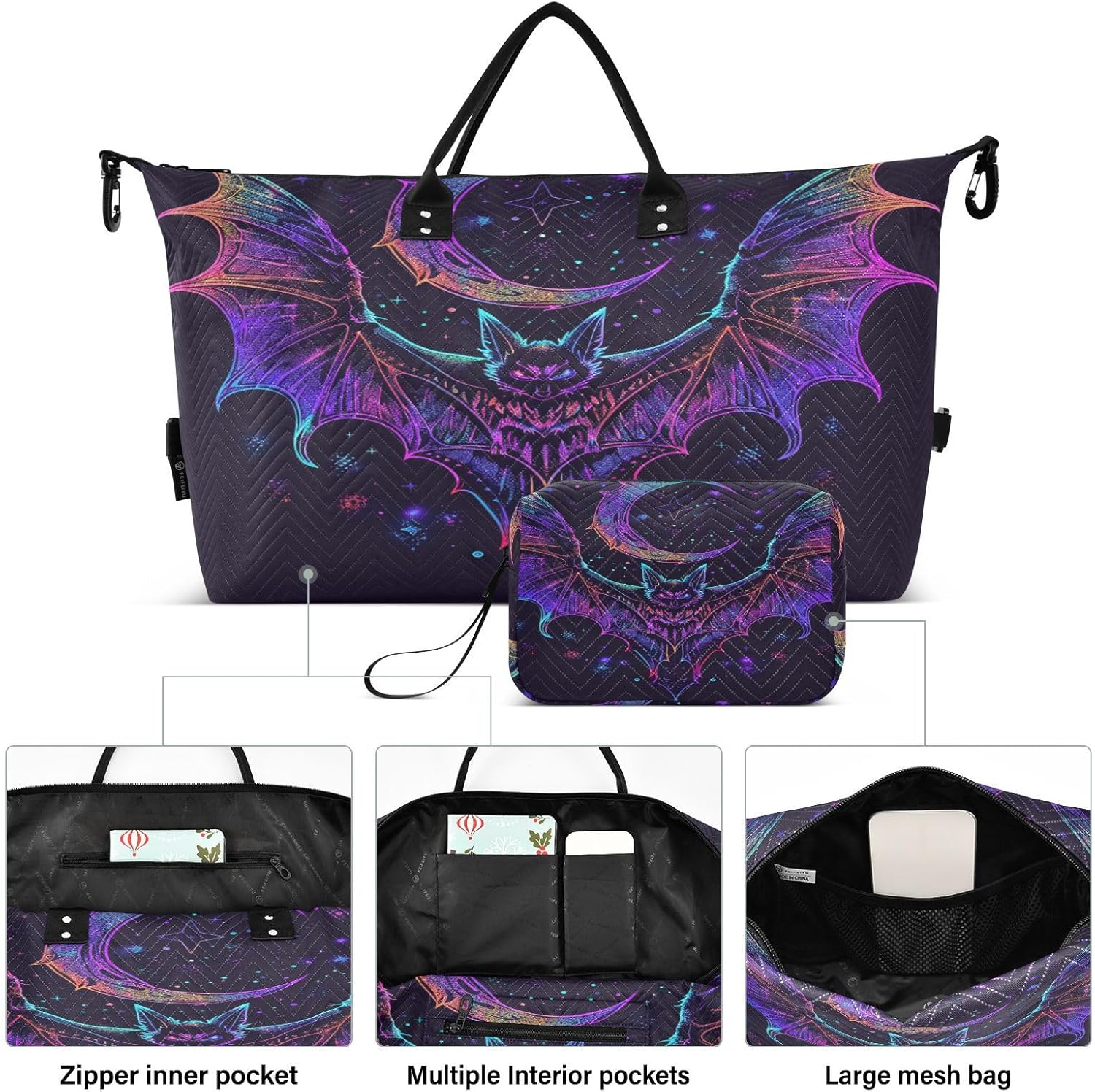 Bat Neon Crescent Weekender Gym Duffle Bag for Women with Toiletry Travel Tote Swim Bag