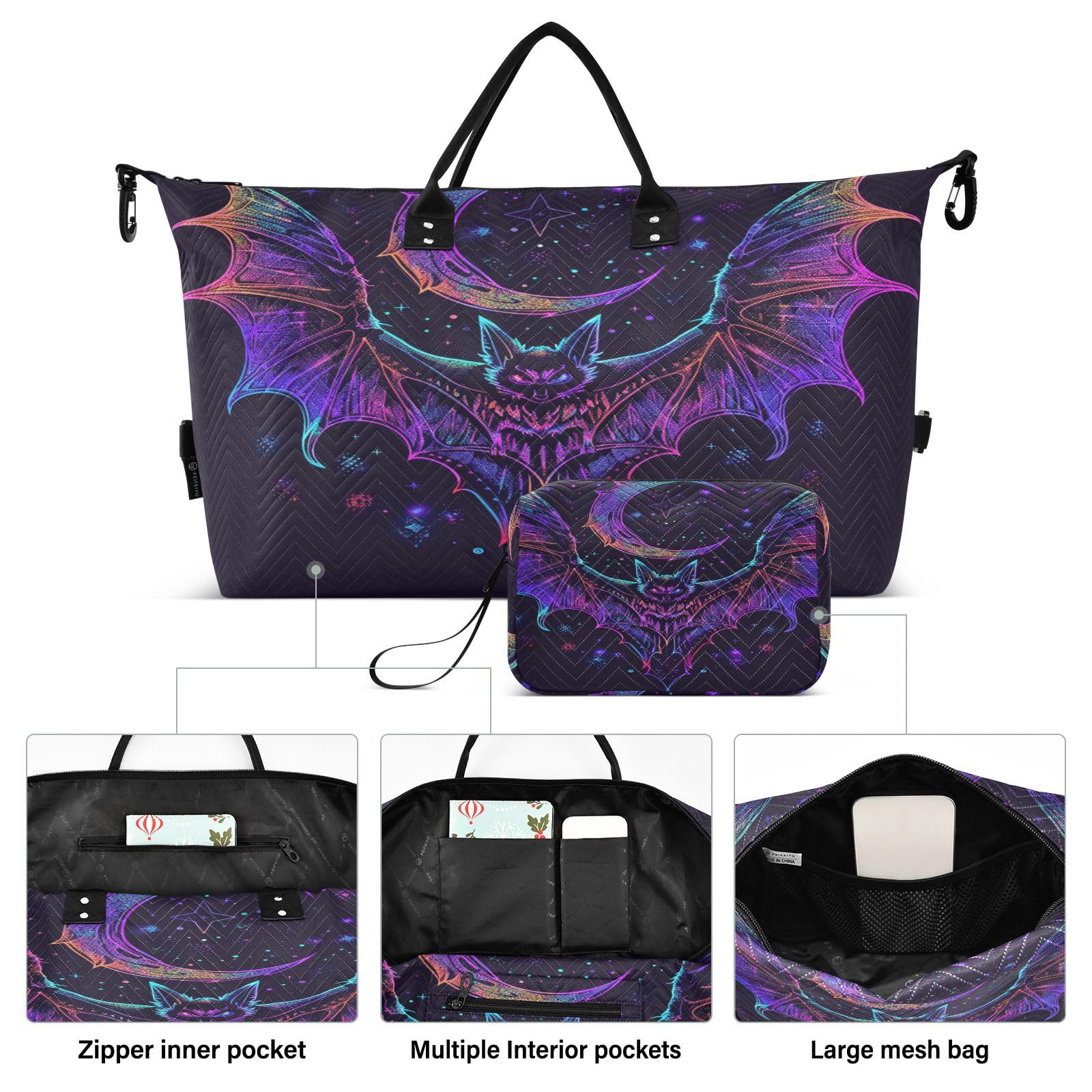 Bat Neon Crescent Weekender Gym Duffle Bag for Women with Toiletry Travel Tote Swim Bag