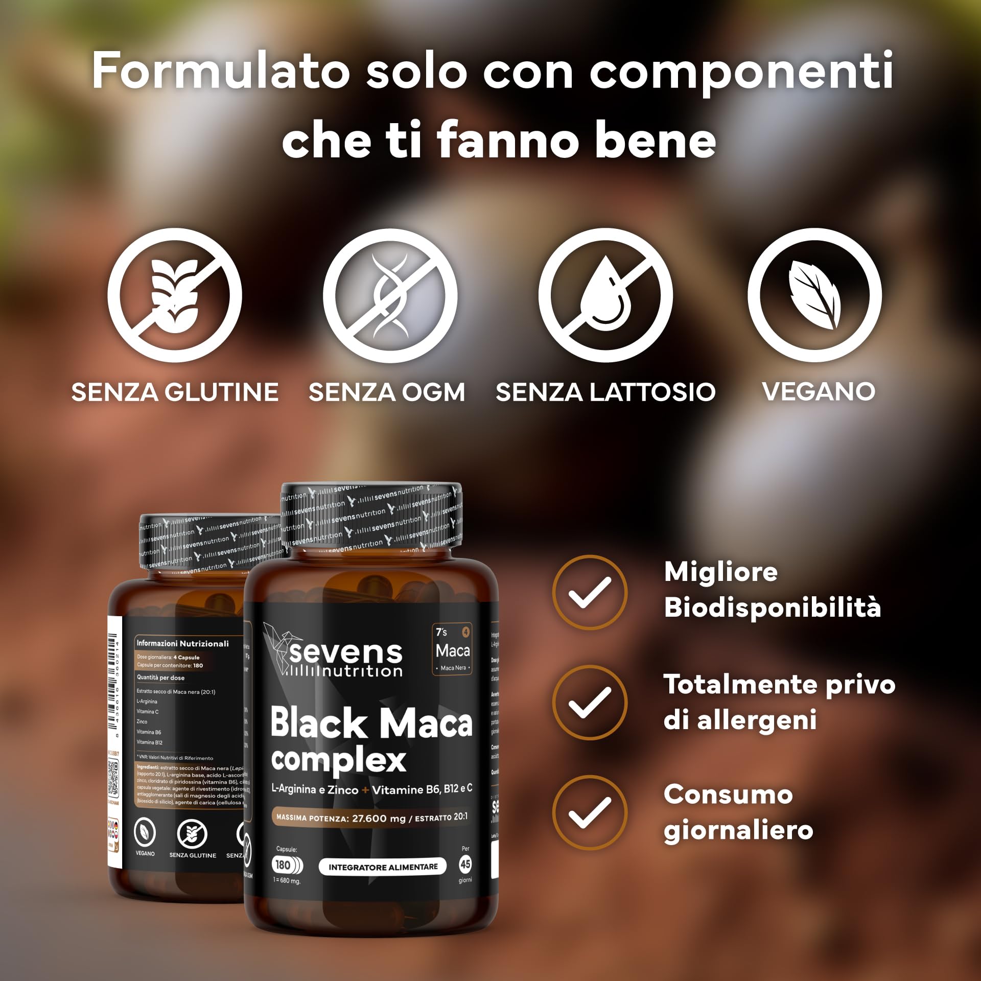 Maca Peruviana - 180 Capsule Vegane - Maca Nera Extra Forte 27 600 mg - Alto Dosaggio con L-Arginina, Zinco e Vitamine B6, B12 e C - Estratto Puro 20:1 - Aumenta l'Energia e la Vitalità - Sevens
