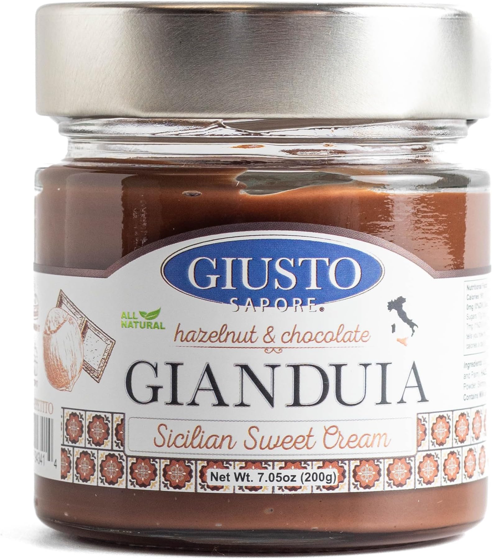 Giusto Sapore Sicilian Gianduia Sweet Cream Spread - Hazelnut & Chocolate - Imported from Italy and Family Owned -7.05oz