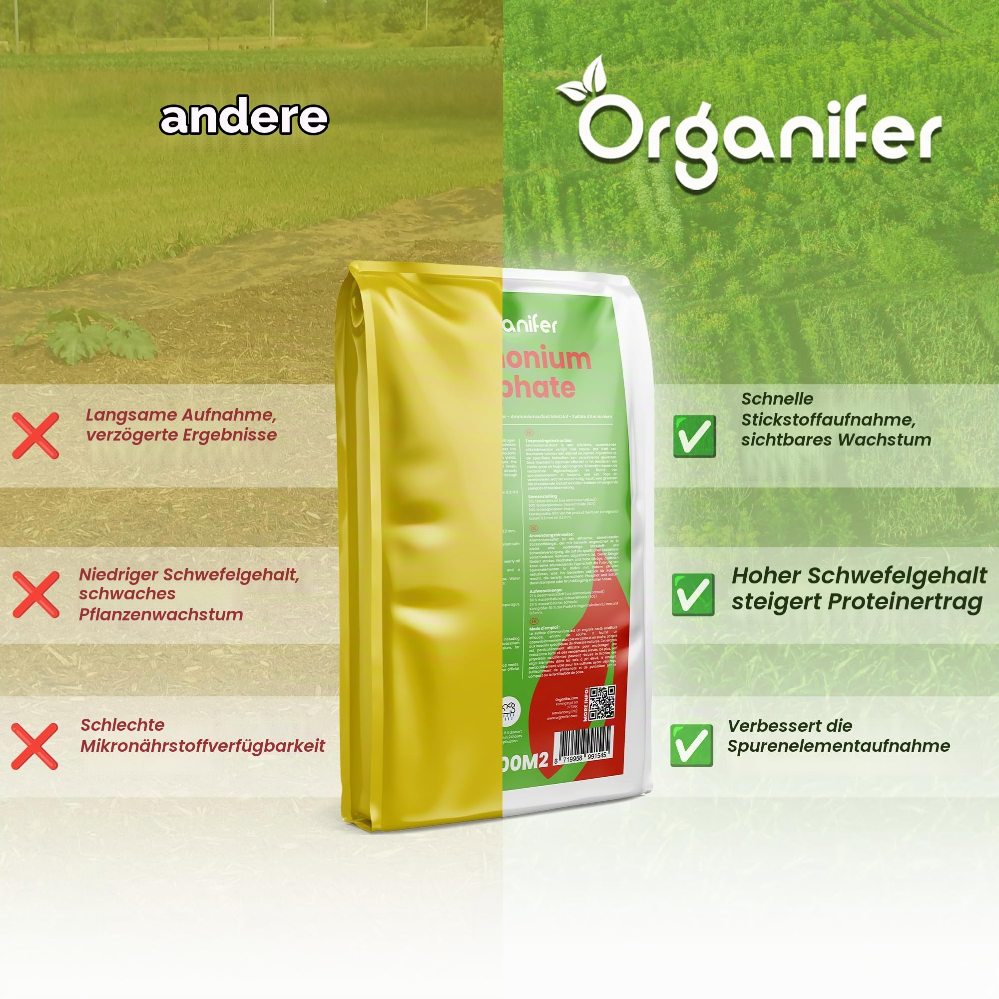Ammoniumsulfatdünger - 20kg = 400m2 | Mineralischer Stickstoff Und Schwefel - Schnellwirkend - Ideal Für Rasen - Gemüse - Obst Und Zierpflanzen - Organifer