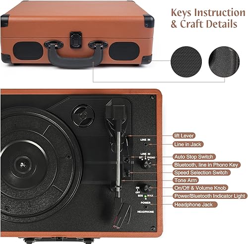 Miniatura 4 de Tocadiscos de vinilo portátil con Bluetooth de 3 velocidades, con altavoces, con altavoces integrados, salida de línea RCA auxiliar en conector para