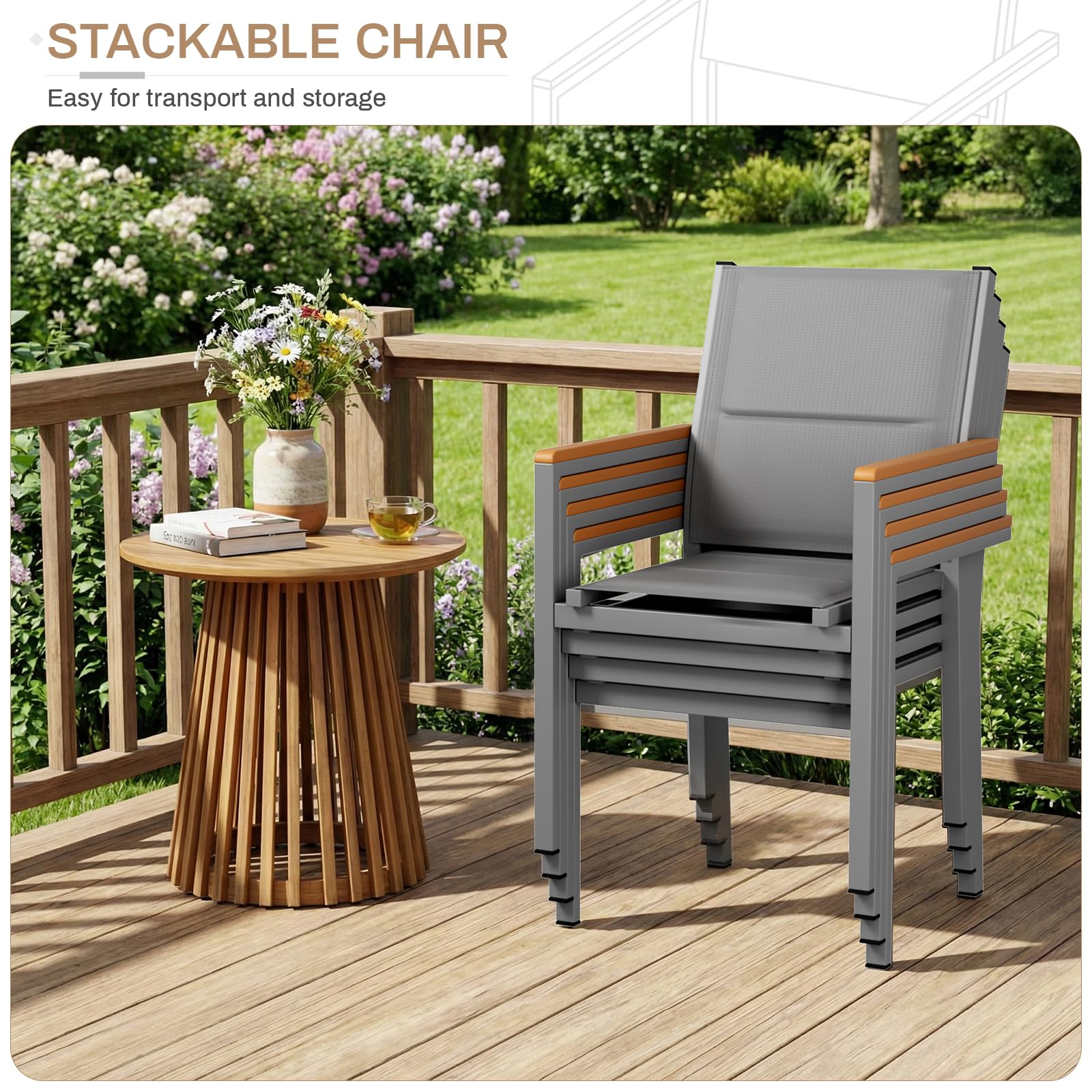 LIFERUN Gartenstuhl 4er Set, stapelbarer Aluminium Esszimmerstuhl, mit Gesteppte Rückenlehne & Sitzfläche, WPC Handlauf Balkonstühle, für Garten, Terrasse, Balkon, Pool, Restaurants, Grau, 4 PCS