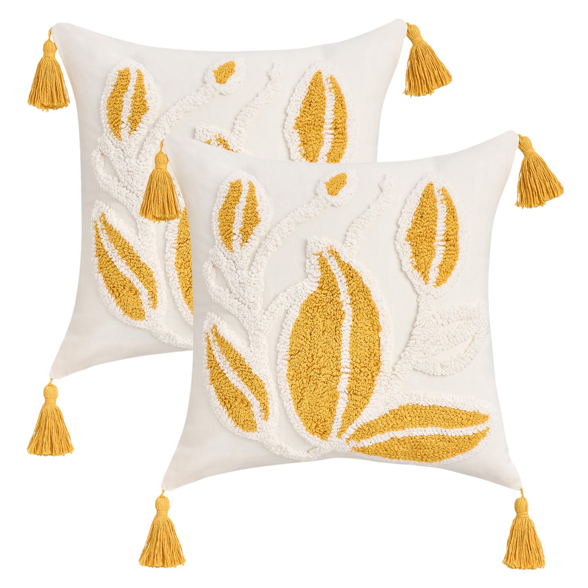 HMETOL Boho Leaf Embroidery Throw Pillow Cover with Tassels, Set of 2