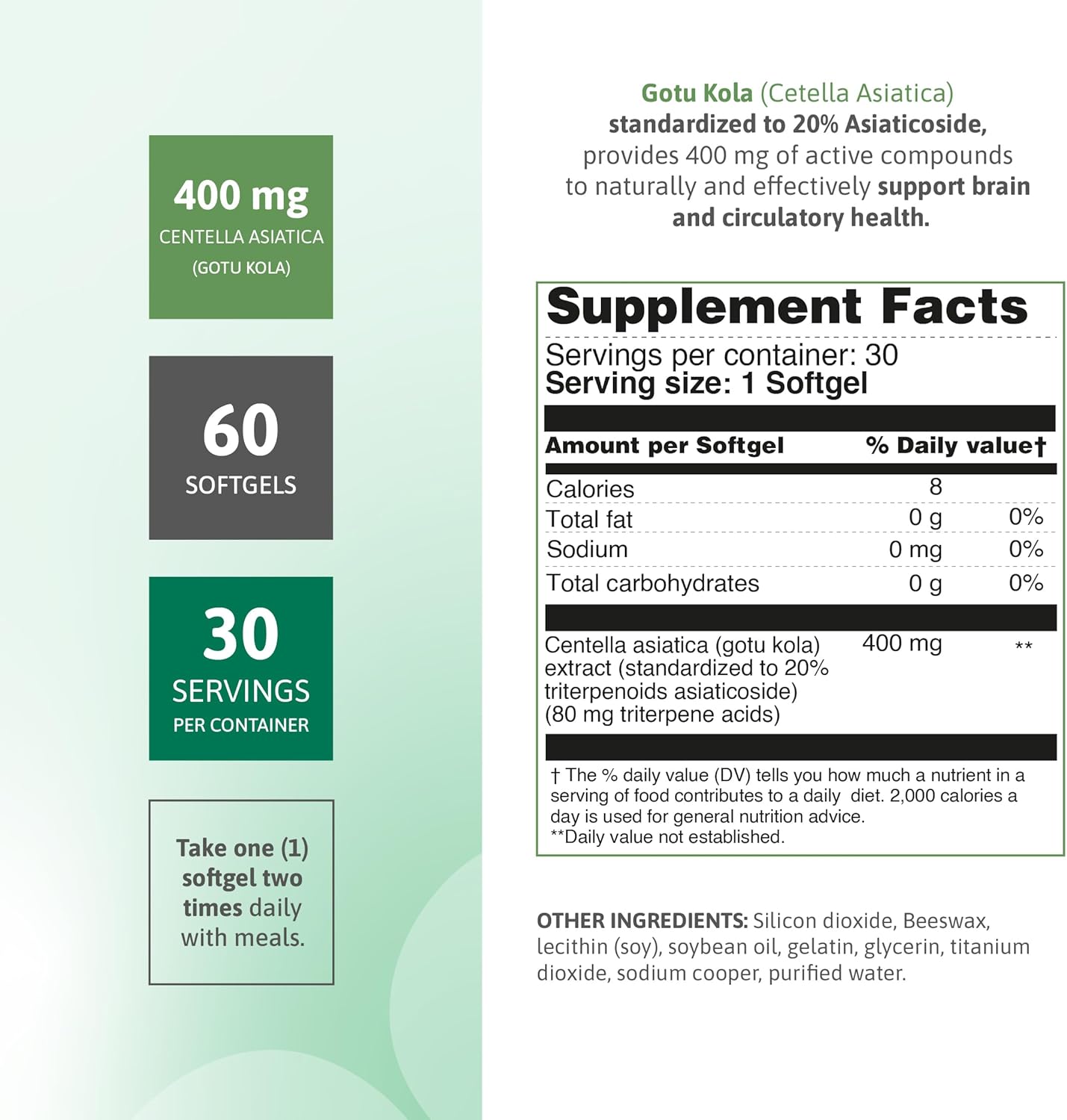 Gotu Kola 400mg Capsules – 20% Asiaticosides Standardized Centella Asiatica Extract – Supports Circulation, Brain & Cognitive Function – 60 Softgels - Image 2