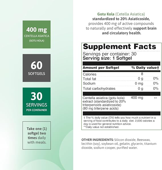 Gotu Kola 400 mg (Centella Asiatica) Standardized to 20% Asiaticosides Supports Circulation, Cognitive Function & Skin Health 60 Softgels