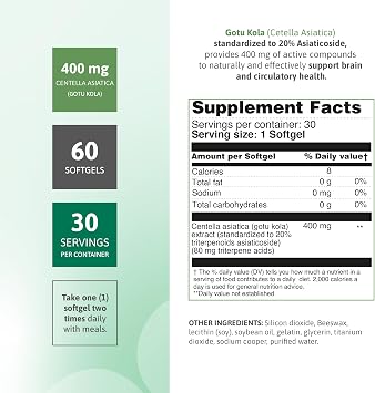 Gotu Kola 400 mg (Centella Asiatica) Standardized to 20% Asiaticosides Supports Circulation, Cognitive Function & Skin Health 60 Softgels