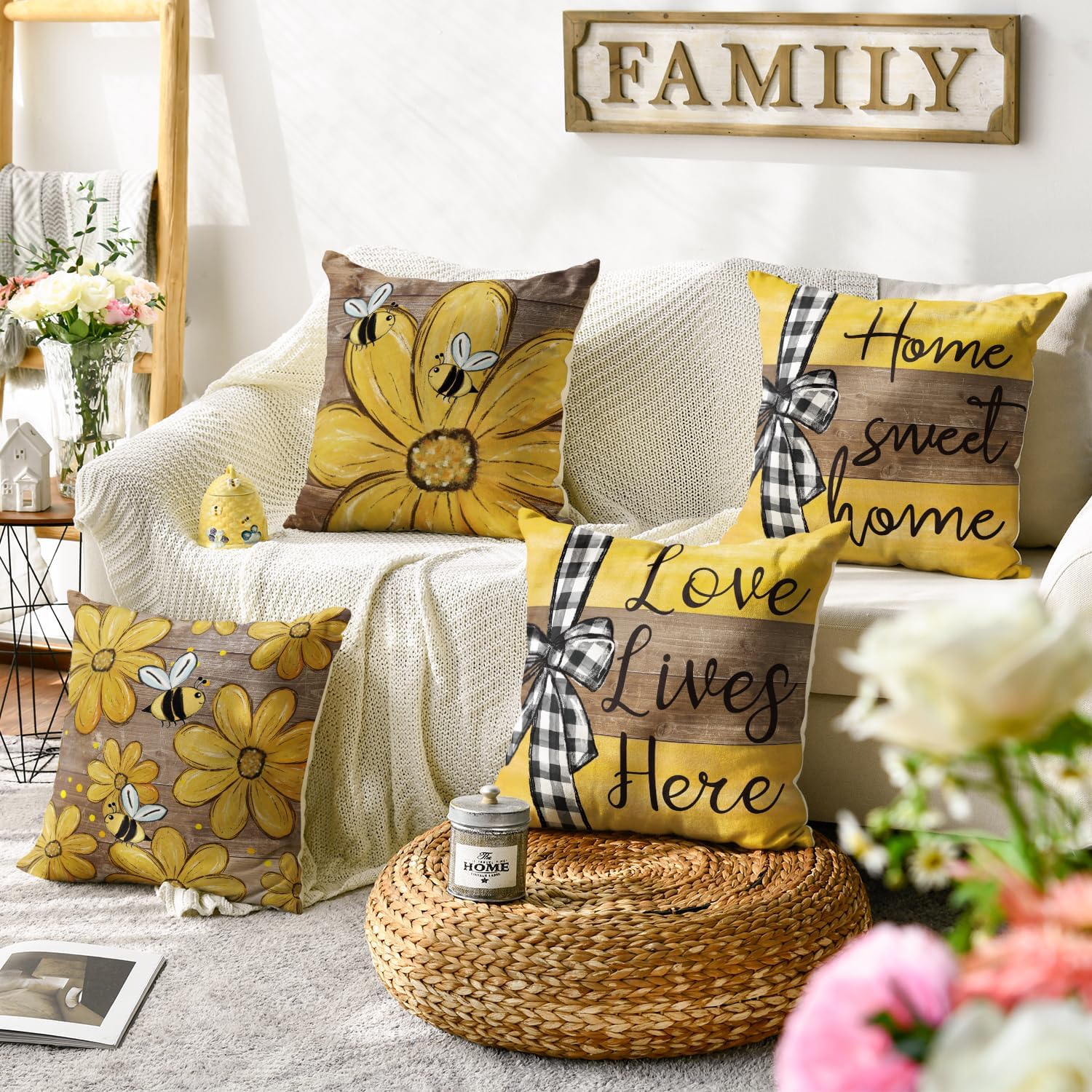 AVOIN colorlife Spring Home Sweet Home Bee Sunflower Throw Pillow Covers, 20 x 20 Inch Love Lives Here Summer Stripes Polka Dots Cushion Case for Sofa Couch Set of 4 image 2