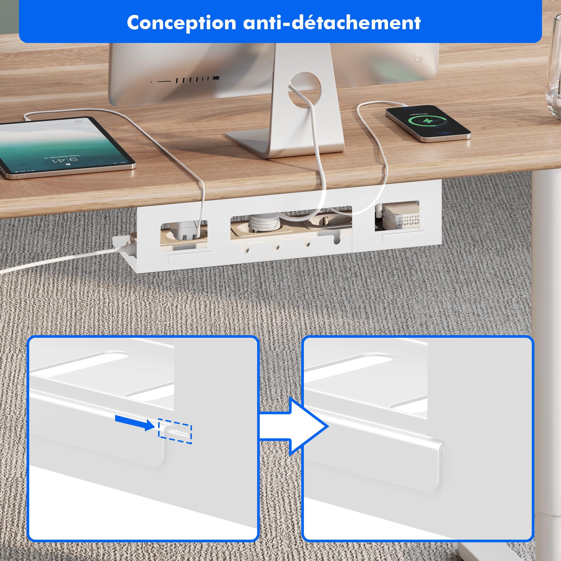 Mimoke Set de rangement pour câbles - Lot de 2 en acier noir Organisateur de câbles pour bureaux debout, boîte pour câbles et prises, revêtement en poudre, montage facile (Blanc)