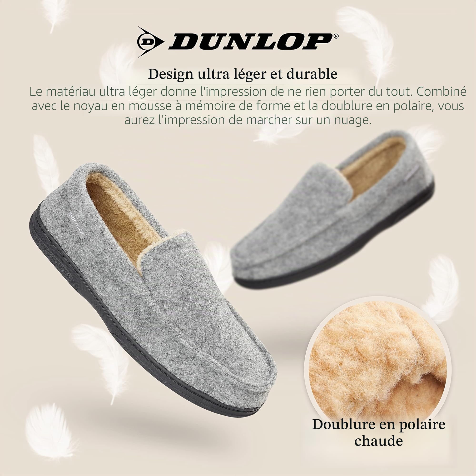DUNLOP Chausson Homme Semelles Antidérapantes Chaussons Charentaises Hommes Mémoire de Forme Intérieur Extérieur Pantoufles Mocassins Loafers Hiver