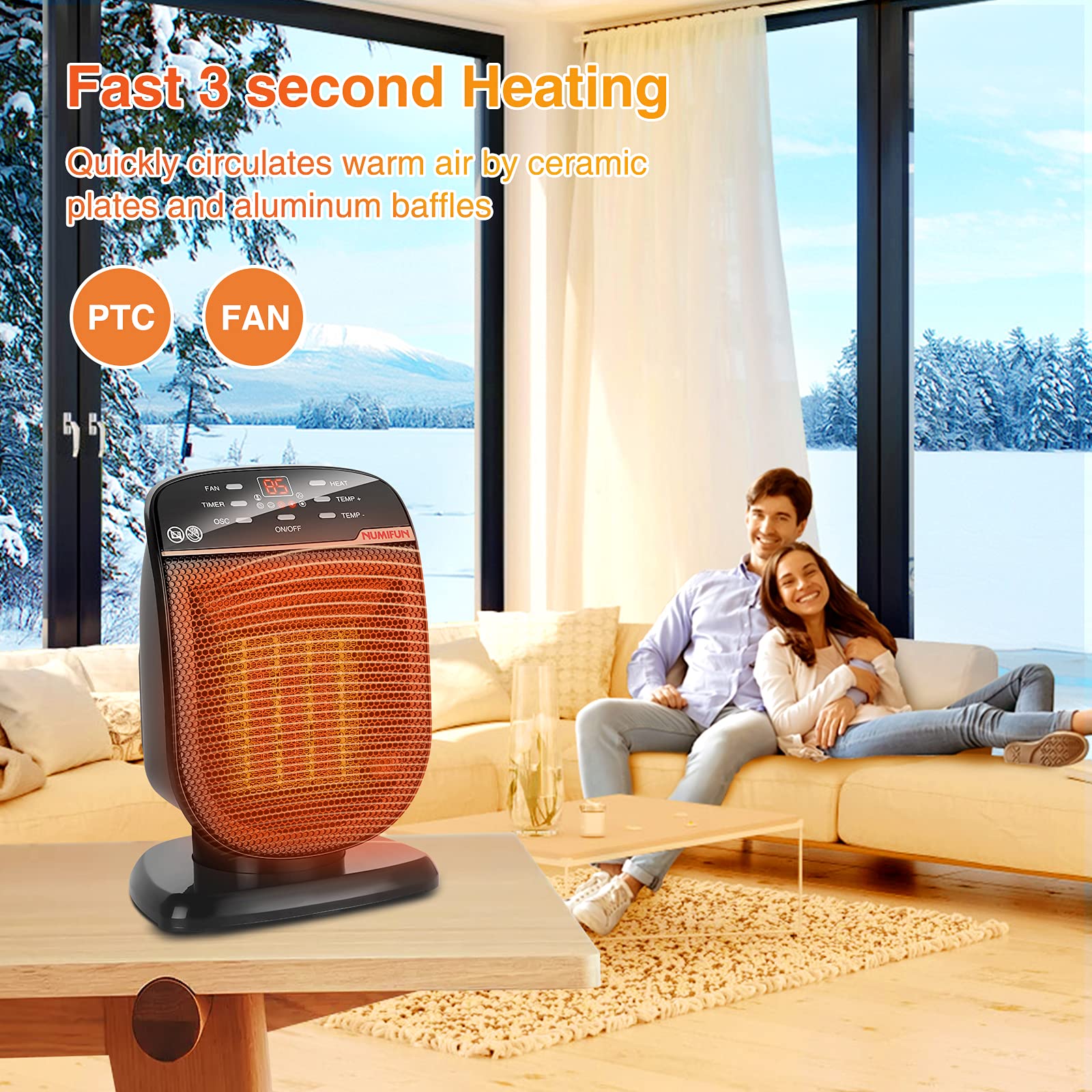 Space Heater Digital Electric Heater with Thermostat Small Portable Oscillating Ceramic Heater with Remote Control Temperature Timer Set Heater for Indoor Use Office Home, 900W/1500W