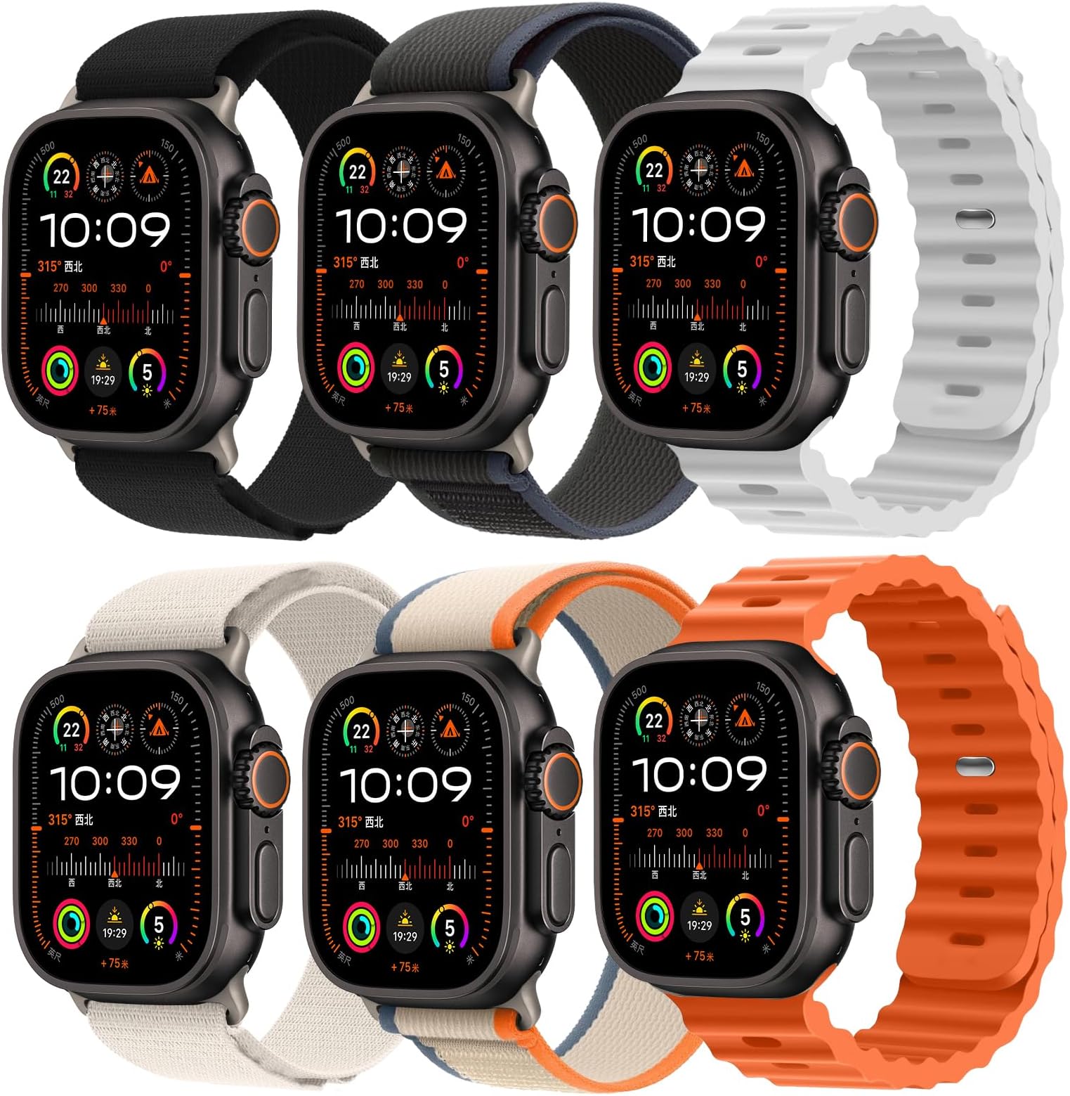 6 Pack Sport Band - Compatible with Apple Watch Ultra 2/Ultra Bands 49mm 45mm 44mm Men Women,Breathable Trail Loop+Alpine Loop+Ocean Bands for iWatch Ultra 2/Ultra Series 10 46mm SE 9/8/7/6/5/4