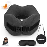 Neck Pillow Airplane Travel Set - Pure Memory Foam Travel Pillow for Long Flights Essentials&comma; Sleeping with 3D Contoured Eye Mask&comma; Earplugs&comma; Portable Bag &lpar;Grayish&rpar;