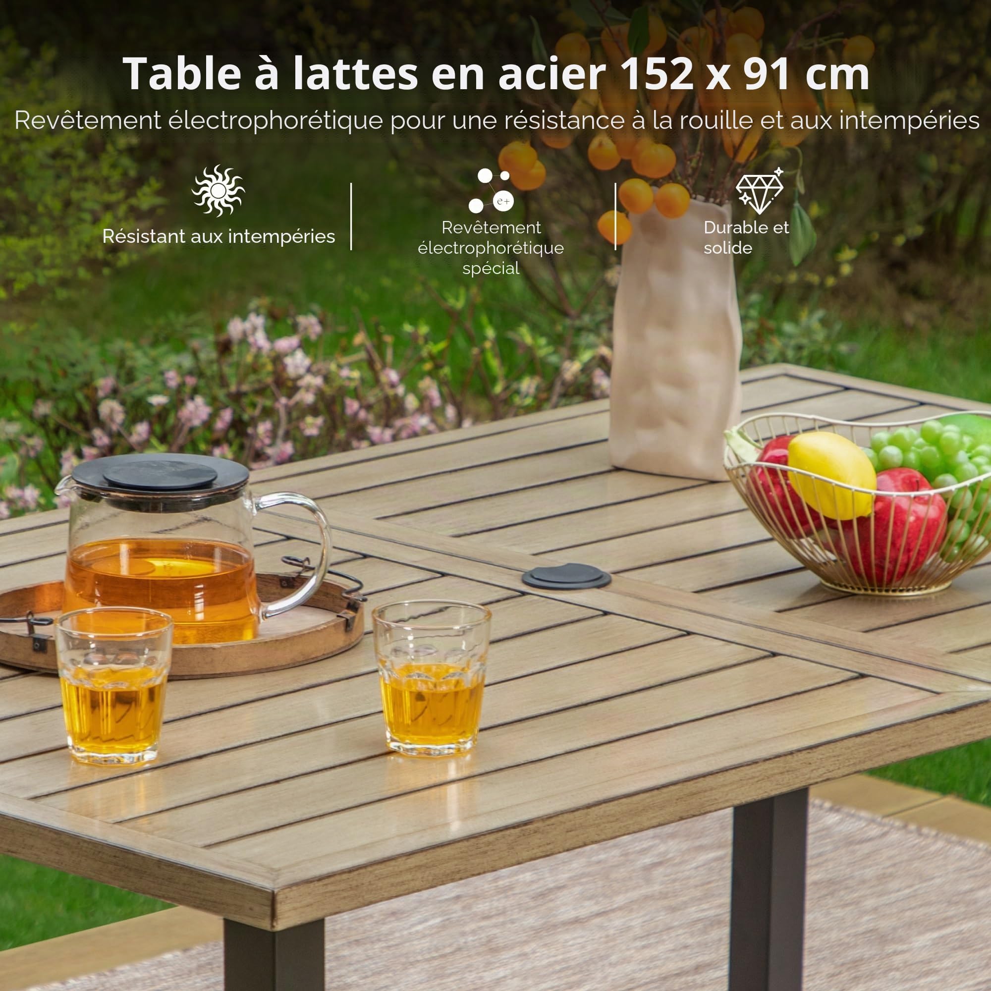 Table de jardin rectangulaire avec trou pour parasol 152 x 92 x 73 cm métal résistante aux intempéries PHI VILLA