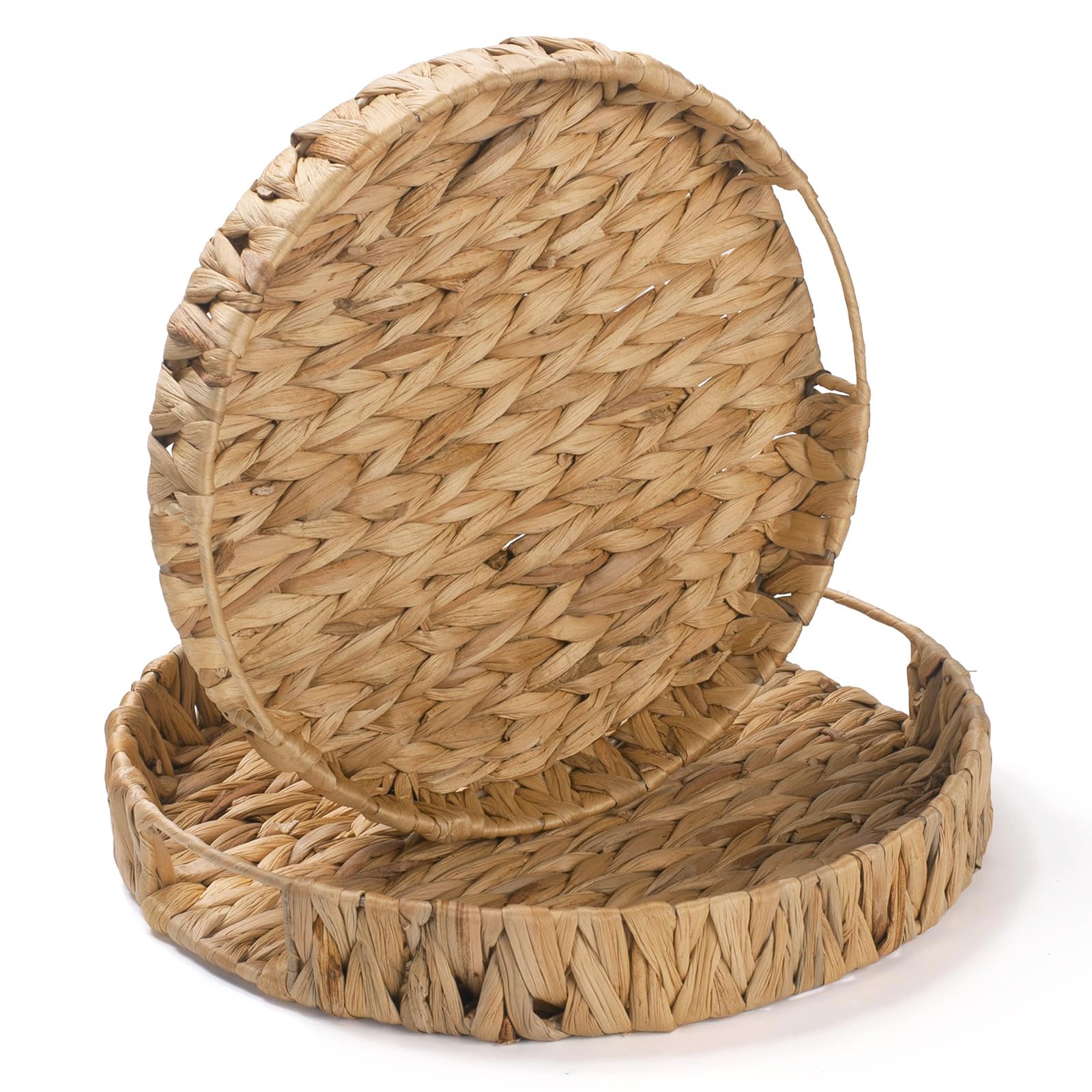 2 Pack Round Woven Tray, Water Hyacinth Serving Basket, Decorative Wicker Tray for Coffee Table Kitchen Living Room Bathroom