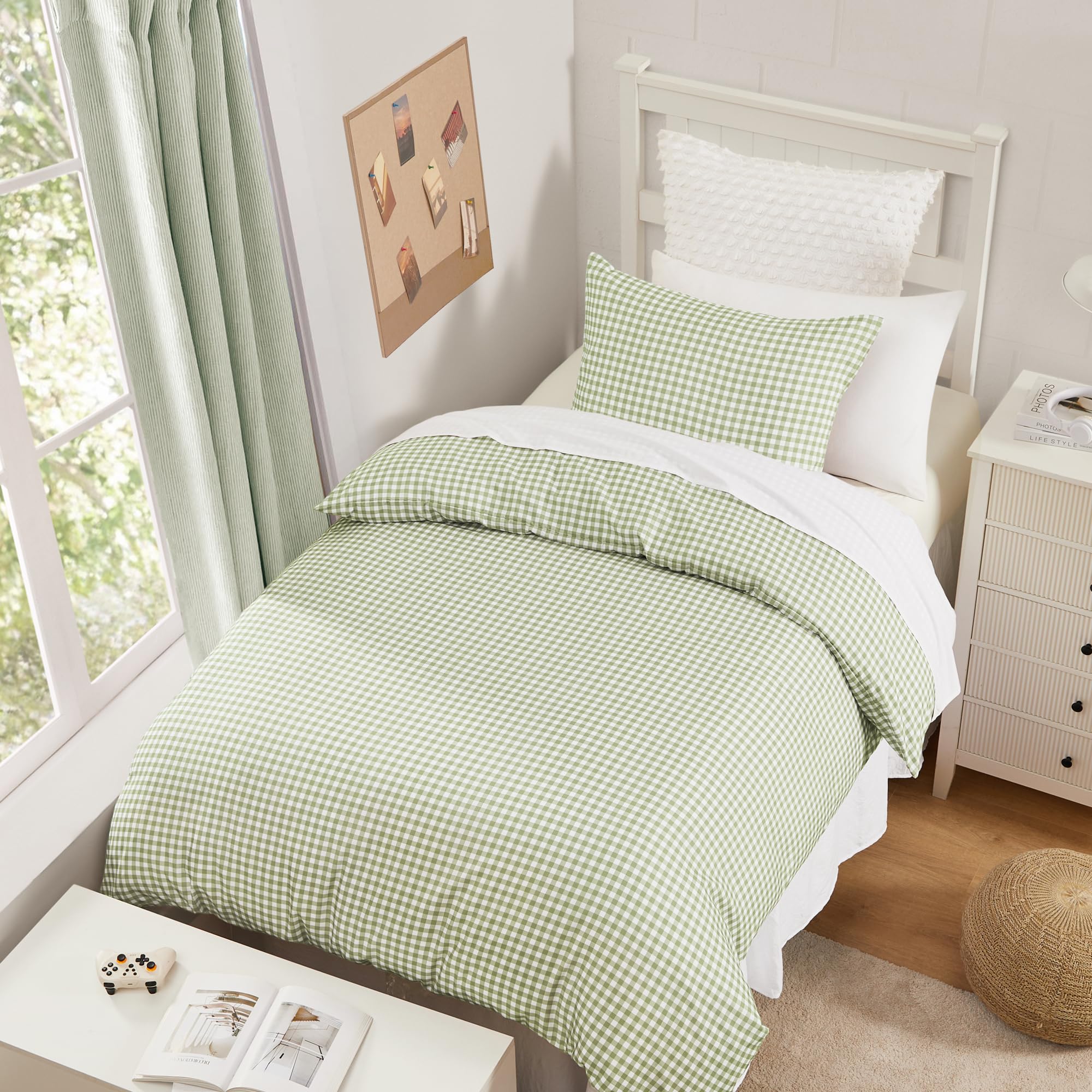 Andency Sage Gingham Duvet Cover Twin, Green Checkered Plaid Bedding Set