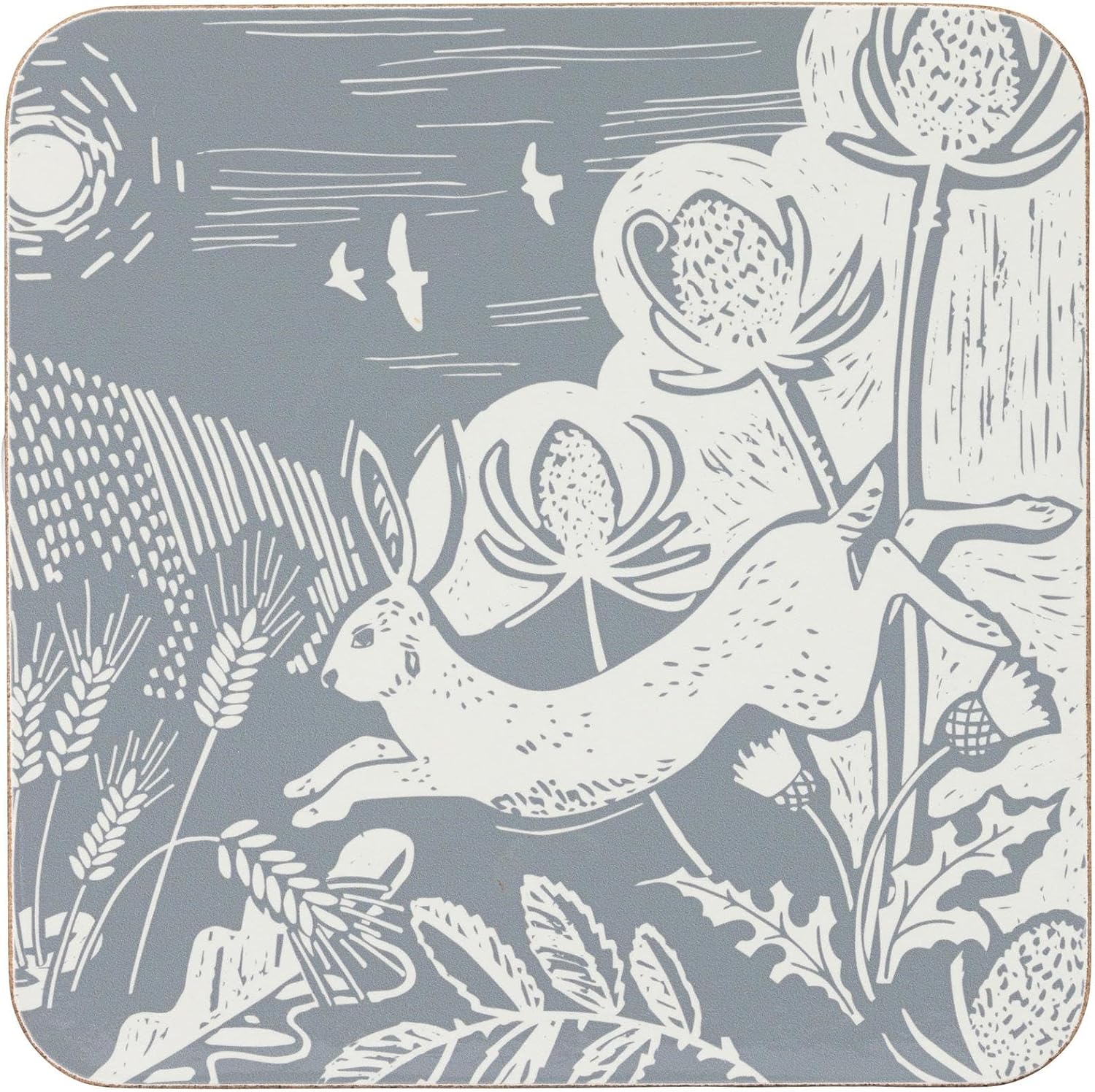 Cork Backed Coasters with Hare Design, Set of 4, Grey and Cream Botanical Print
