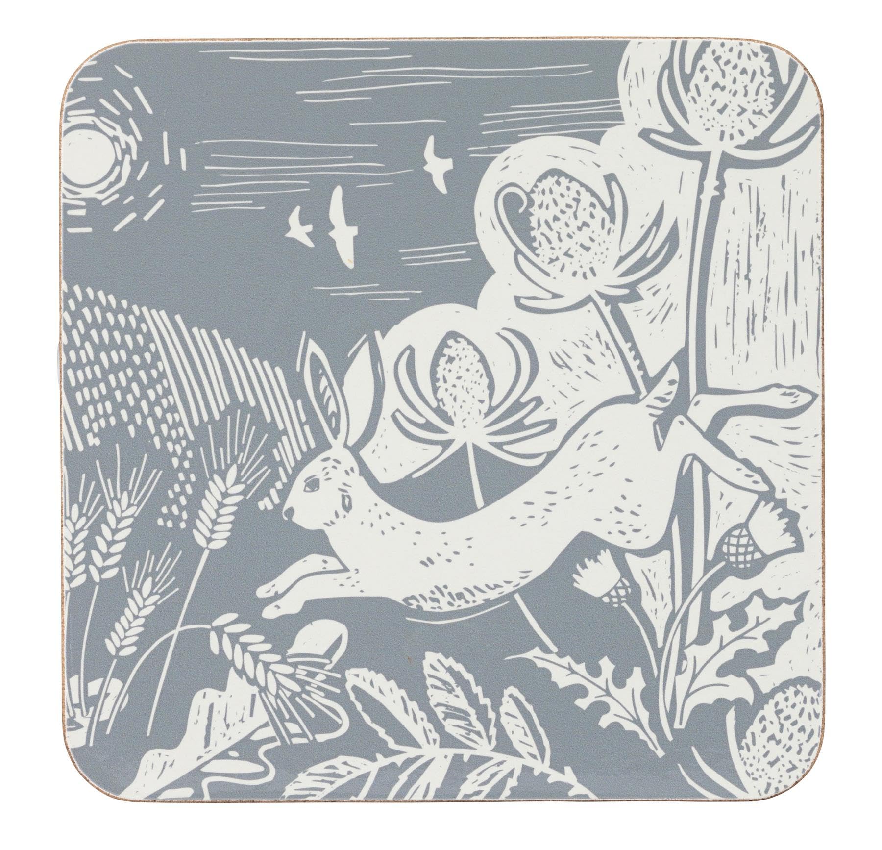 Cork Backed Coasters with Hare Design, Set of 4, Grey and Cream Botanical Print