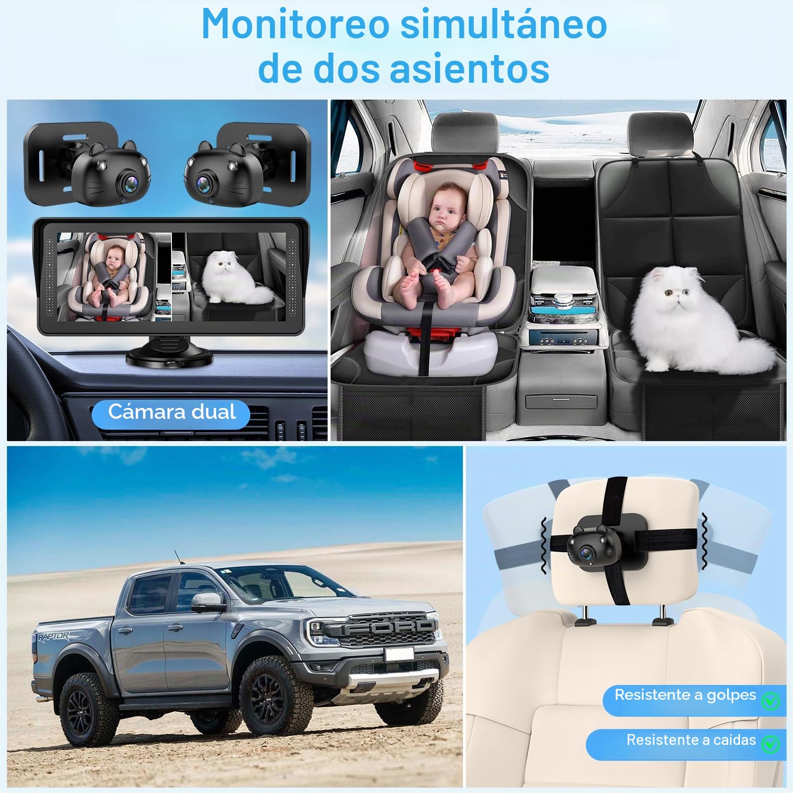 Cámara doble para coche de bebé para 2 niños, pantalla dividida de 6.9 pulgadas, pantalla HD ultra ancha con dos cámaras, fácil configuración, cámaras de visión nocturna giratorias, ideal para padres