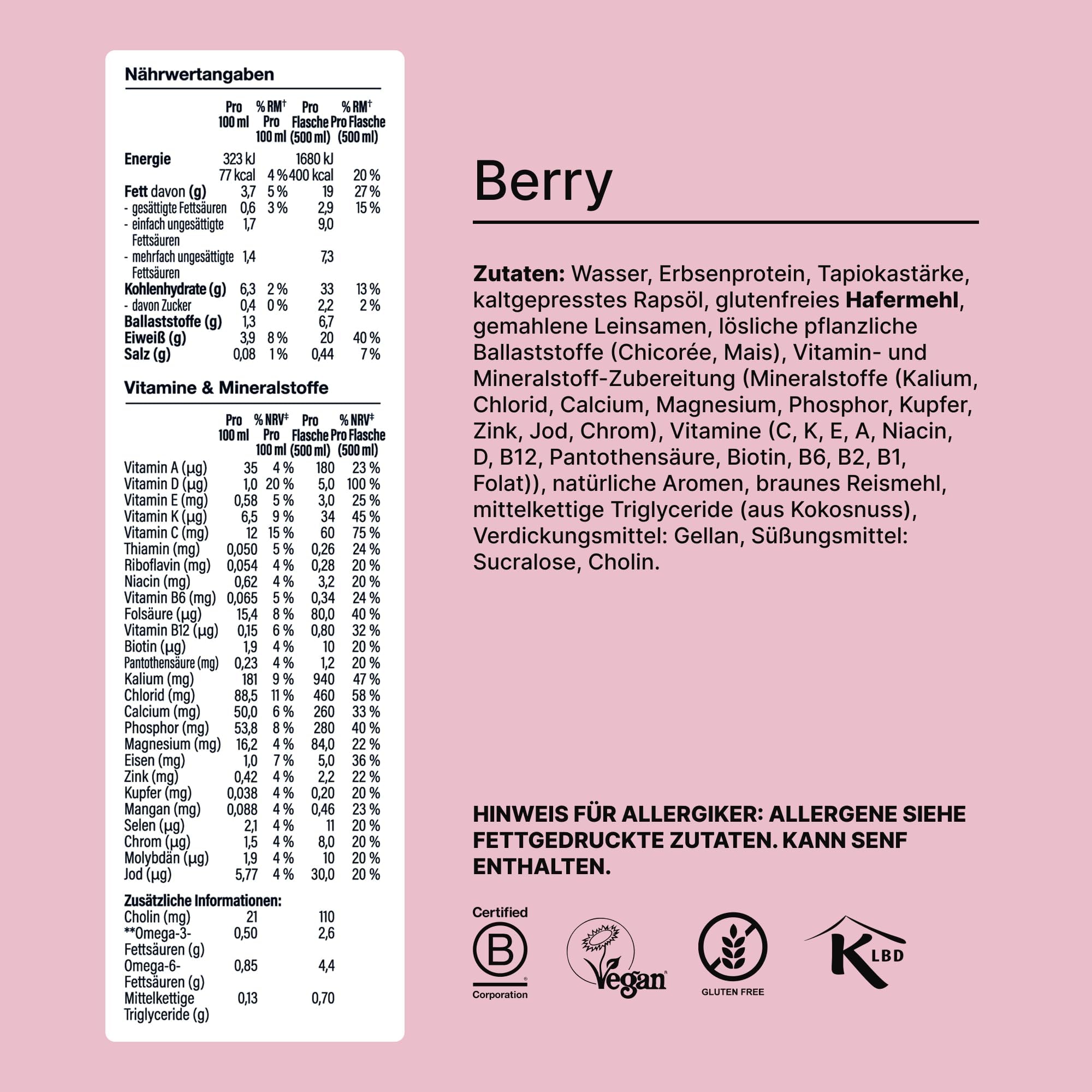 Huel Drink Berry, fertige Trinkmahlzeit für unterwegs - 8 x 500 ml - 20 g Protein, Reich an Vitaminen, Mineralstoffen & Ballaststoffen, Plant-based, Geschmack Beere, inkl. 2 € Pfand