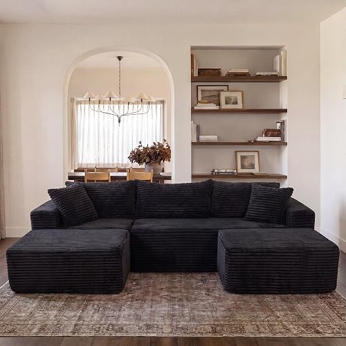 Claiks 94" Boneless Couch, U-Shape Corduroy Sectional Sofa, Black | Flexible Module Combination for Living Room, No Assembly, Deep Seat,Stain Resistant Abrasion, Apartment, Includes 2 Ottoman