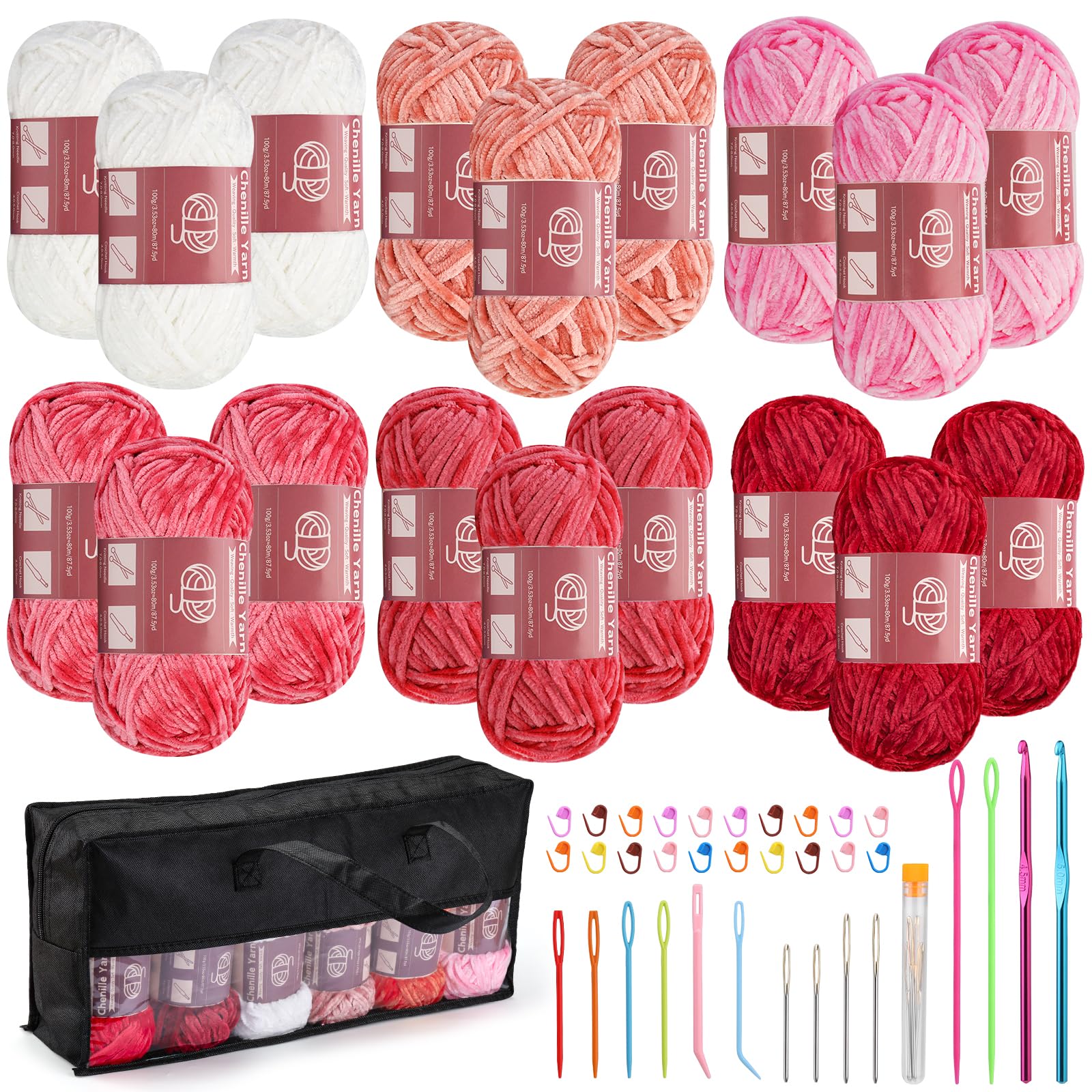 LUNARM Chenille Yarn for Crochet Knitting Chunky Blanket Velvet Yarn | 18 Pack 100g/3.5oz Pink Series Thick Soft Yarn for Beginners Knitting Fluffy Weaving Plush Scarves with Big Eye Needles