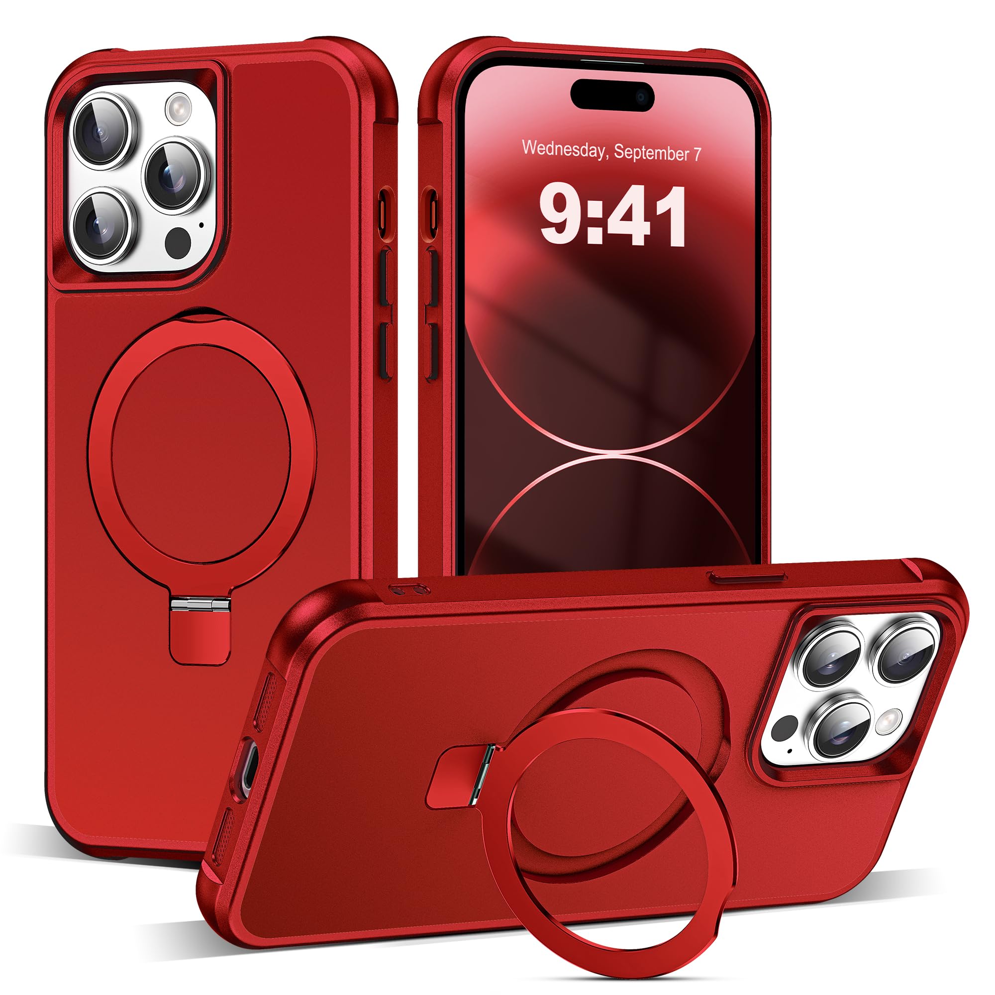 SKYLMW Compatible with iPhone 14 Pro Max Case with Invisible Magnetic O-Ring Stand Military-Grade Case for iPhone 14 ProMax 6.7" [Compatible with Mag-Safe][Great Grip Feeling], Red