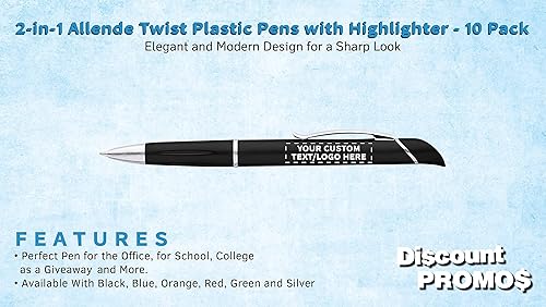 Miniatura 10 de DISCOUNT PROMOS 100 bolígrafos de plástico Allende Twist con paquete de resaltadores, texto personalizable, logotipo, elegante, duradero, tinta