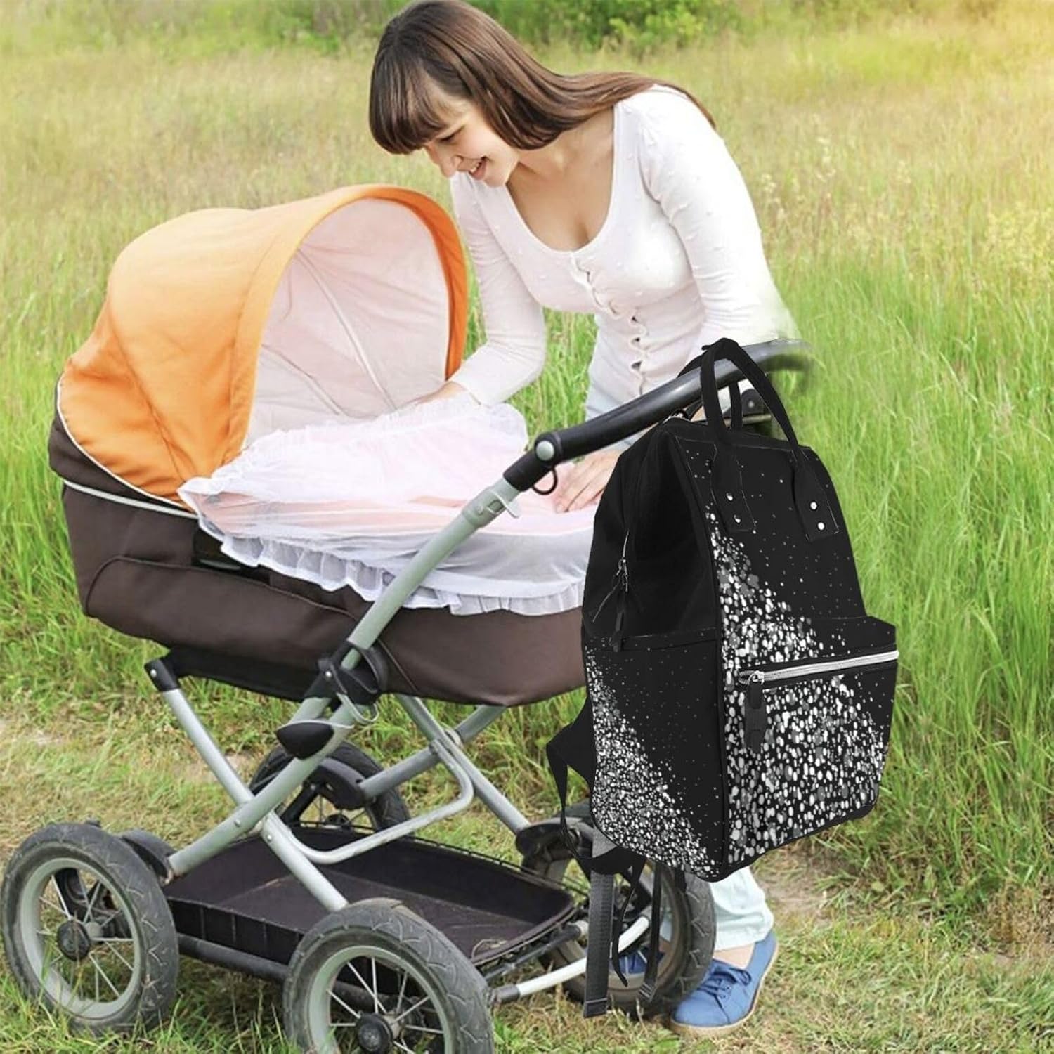 Elegant Black white glitter Print Mummy backpack Large, Waterproof,Adjustable Straps for Outdoor Activities