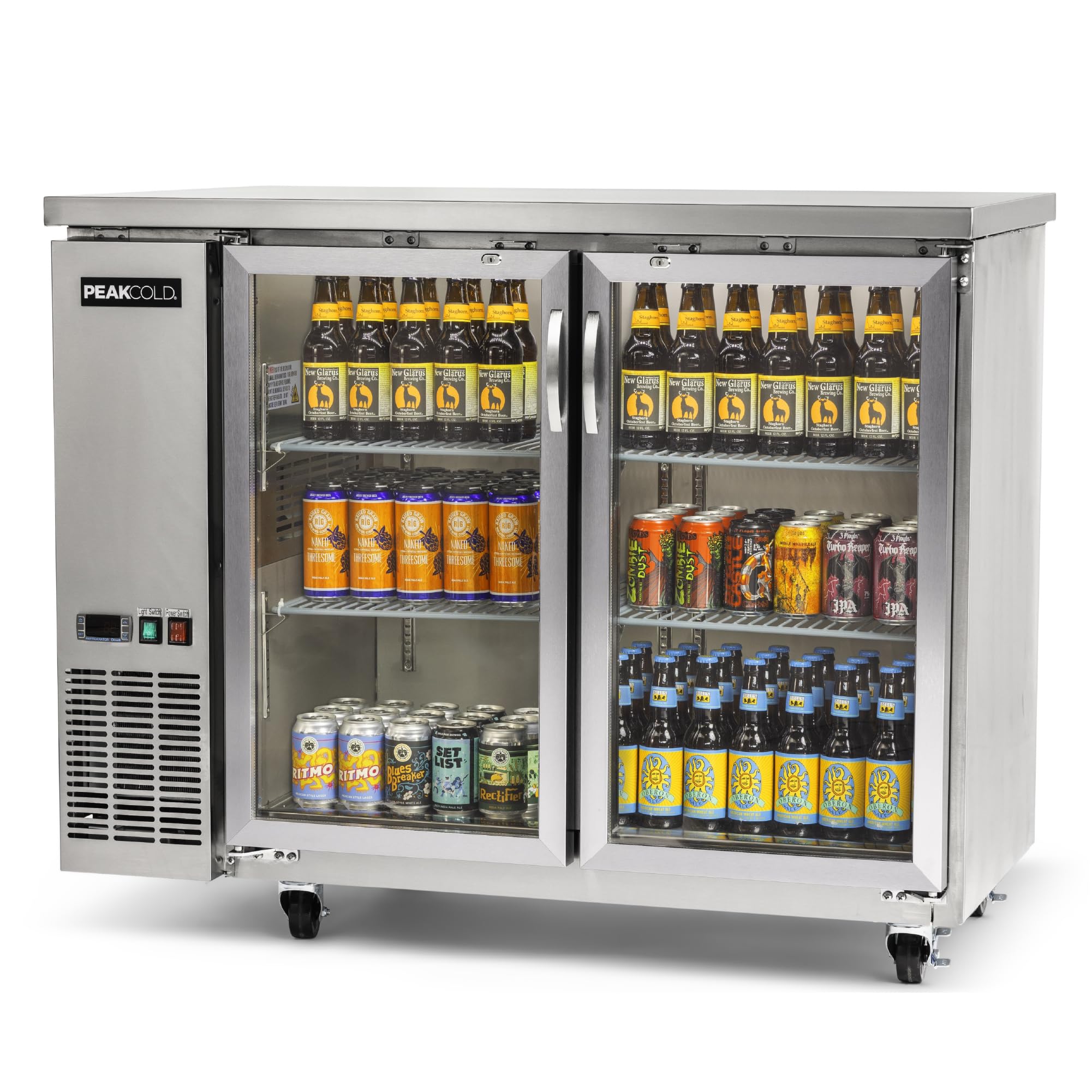 PEAKCOLD 2-Door Counter Height Beverage Refrigerator - 49" Wide Energy Efficient Stainless Steel Beer Fridge With Glass Doors & White LED Lighting - Commercial Back Bar Cooler | Fridge.com