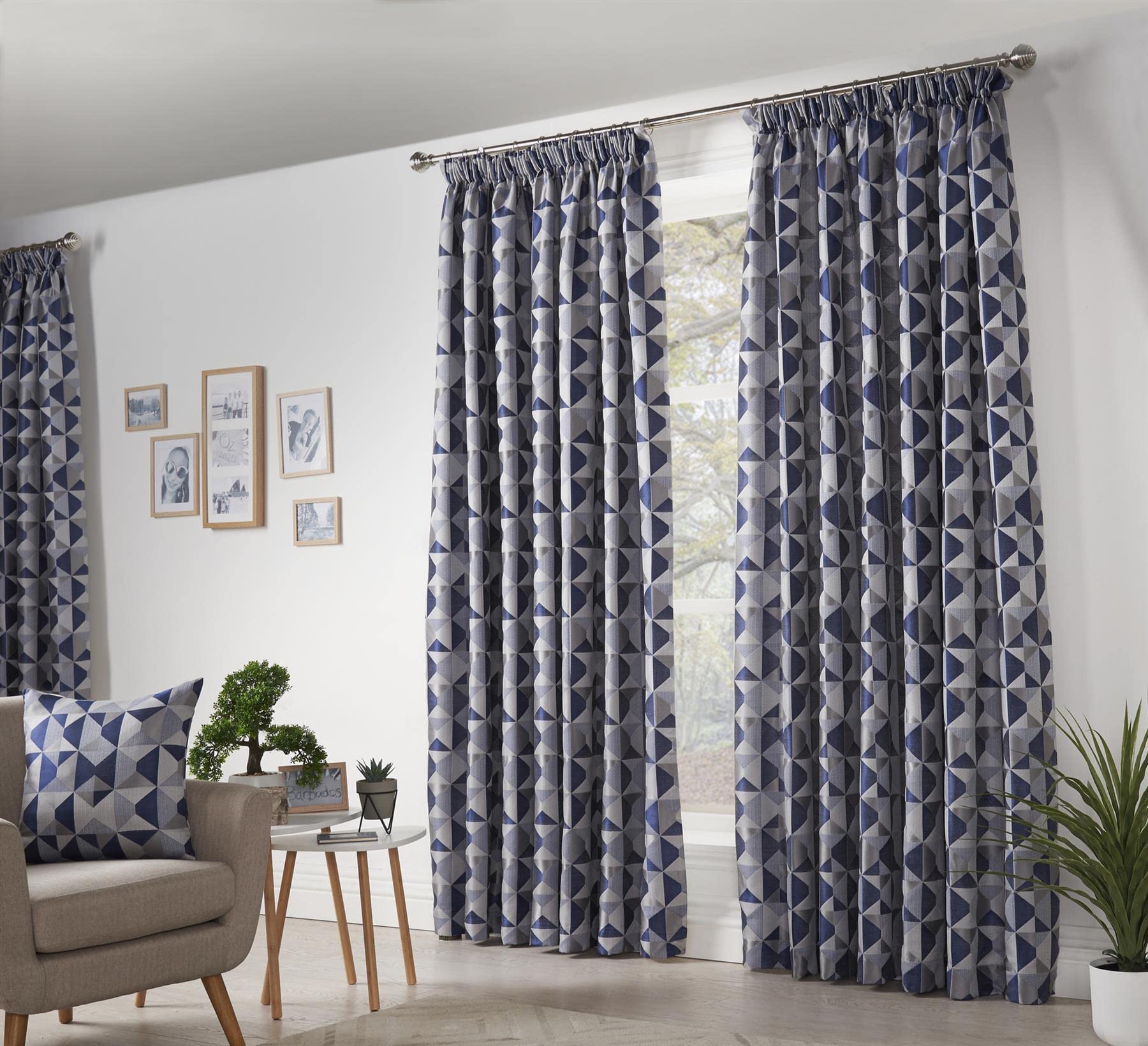 Skandi Taped Pencil Pleat Curtains Fully Lined Weave Jacquard Navy 46x72