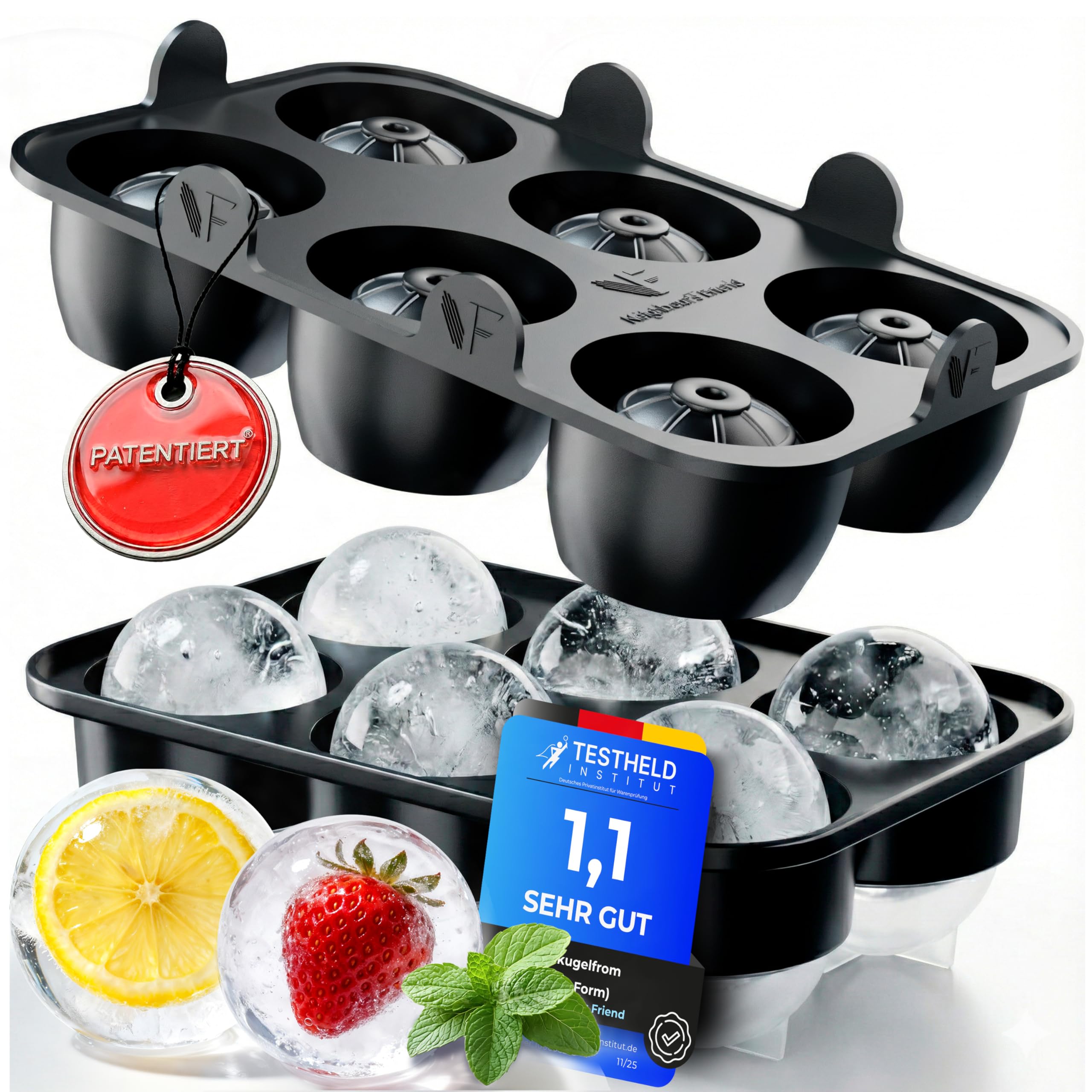 Neighbour's Friend Patentierte Eiskugelform XXL Platinum - Große Eiswürfelform rund Platinsilikon für Cocktails, Gin & Getränke - 6x Eiswürfel rund spülmaschinengeeignet - XXL Eiswürfel