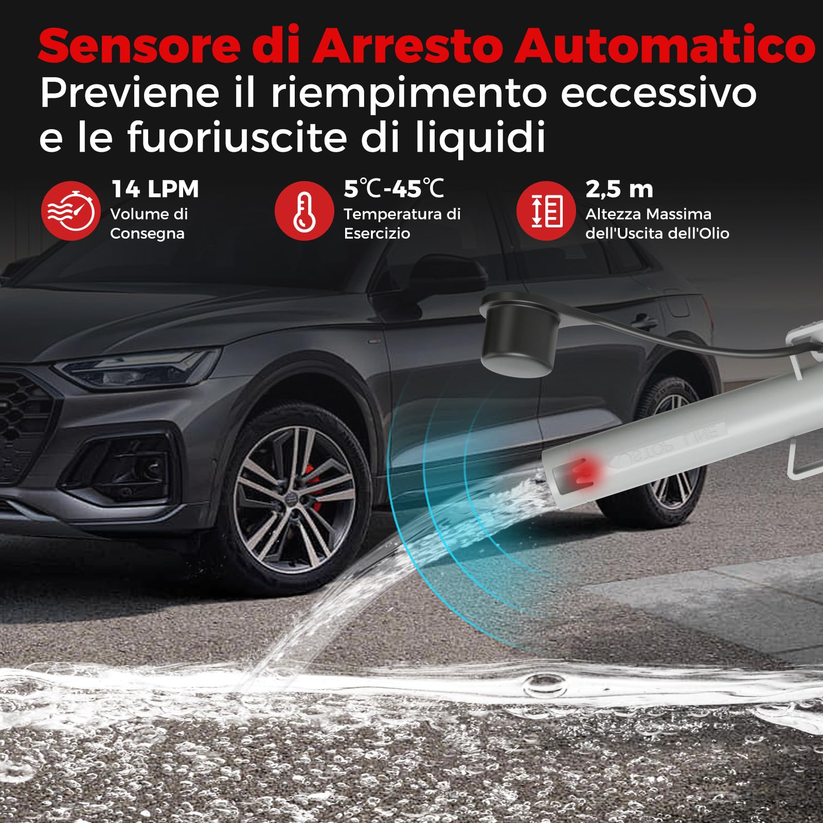 COSTWAY Pompa di Trasferimento del Carburante con Sensore di Arresto Automatico, Pompa Travaso Gasolio Elettrica a Batterie o Ricaricabile con Adattatore di 3 Dimensioni, con Infusione di 14L/ min