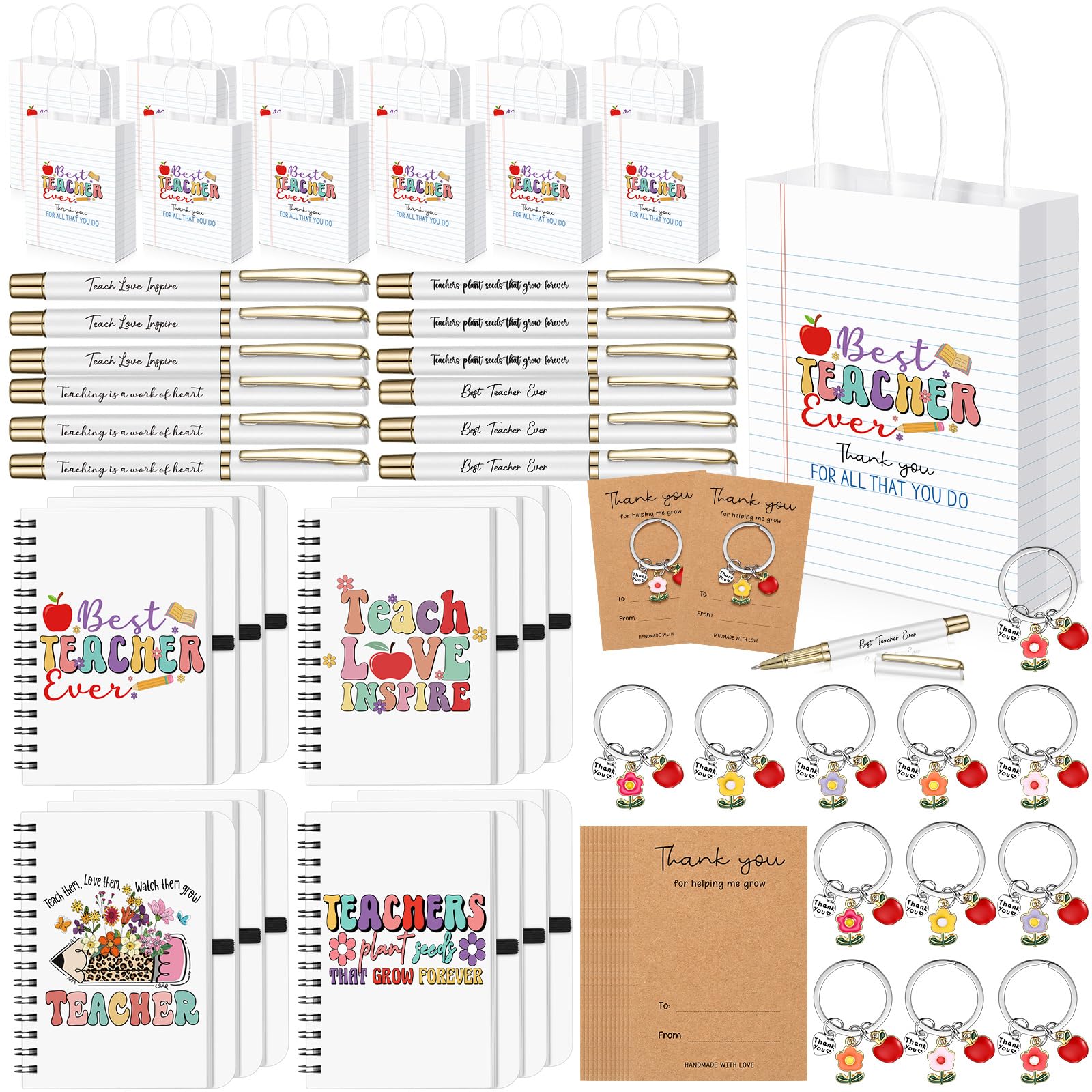 Sinmoe 60 Pcs Teacher Appreciation Gifts Bulk 12 A6 Spiral Notebooks 12 Teacher Gift Bags 12 Thank You Cards 12 Keychains and 12 Pens for Women Men Graduation Appreciation Week Office Supplies
