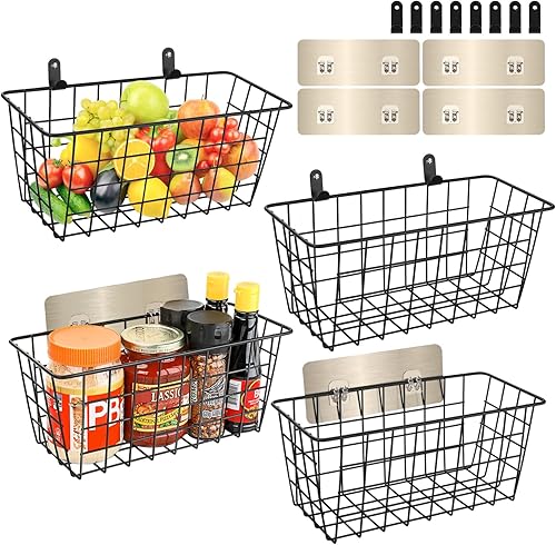 Miniatura 7 de Paquete de 2 cestas de almacenamiento de alambre para colgar en la pared, cesta adhesiva para organizador de puerta de armario, sin taladrar, cestas