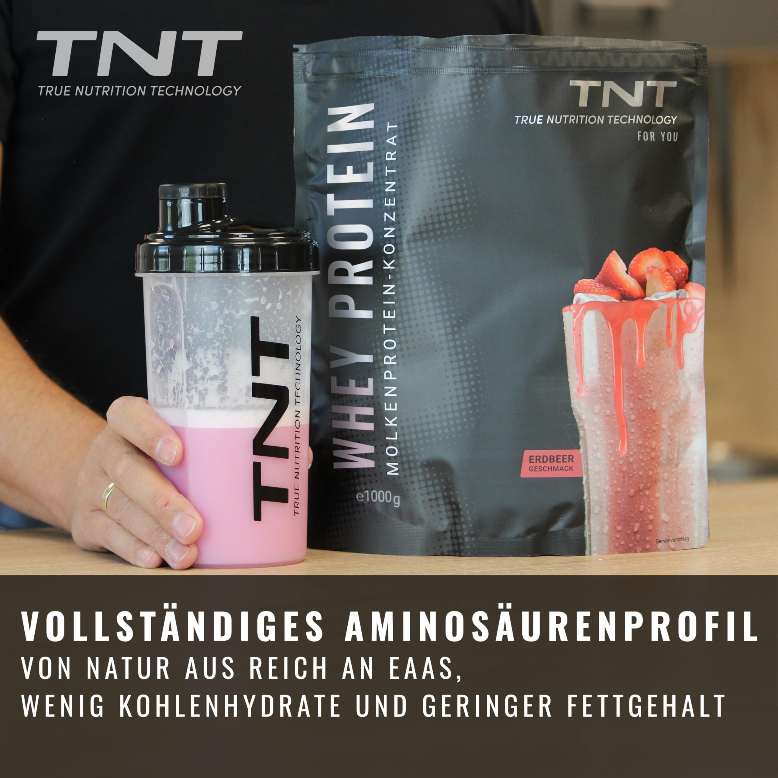 TNT Naked Whey Protein w proszku (1 kg) • Proszek białkowy z laktazą do shake, pieczenia i gotowania • Doskonała rozpuszczalność i pyszny smak (truskawka)