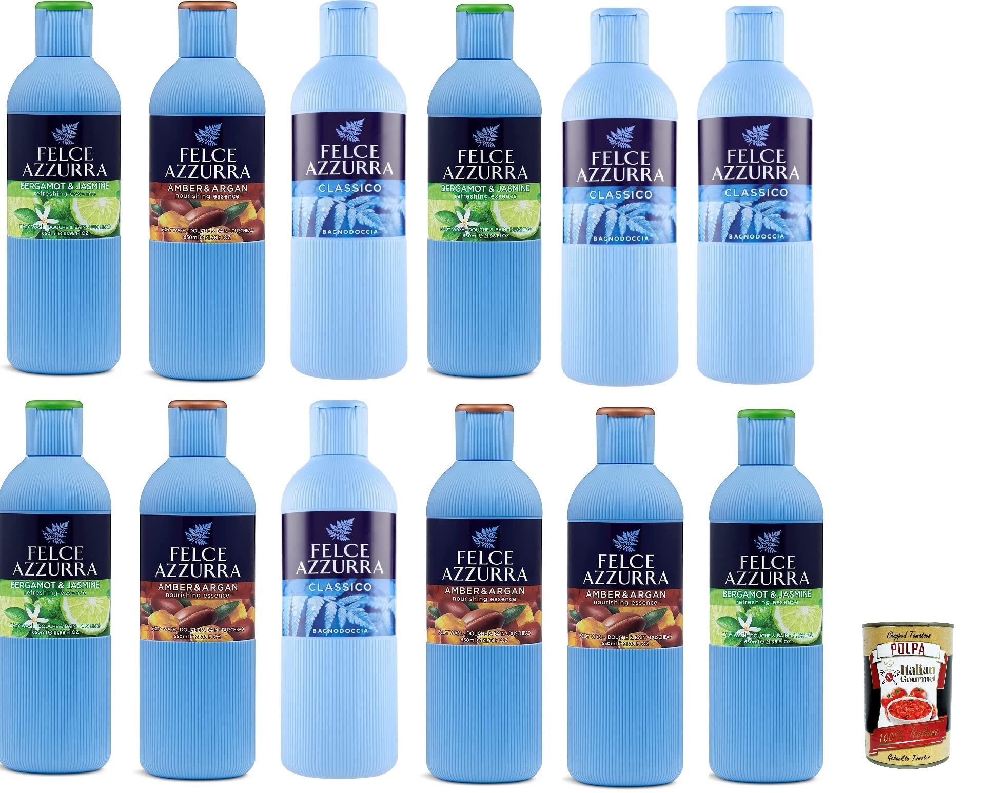 Italian Gourmet bundle - Gel de ducha para Felce Azzurra Mix 12 x 650 ml Classico Bergamota, jazmín Amber Argán, cuidado familiar de Italia + Polpa italiana gourmet